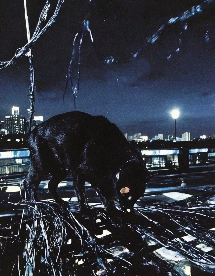  black cat, electric pole with many electric cables in bangkok at night