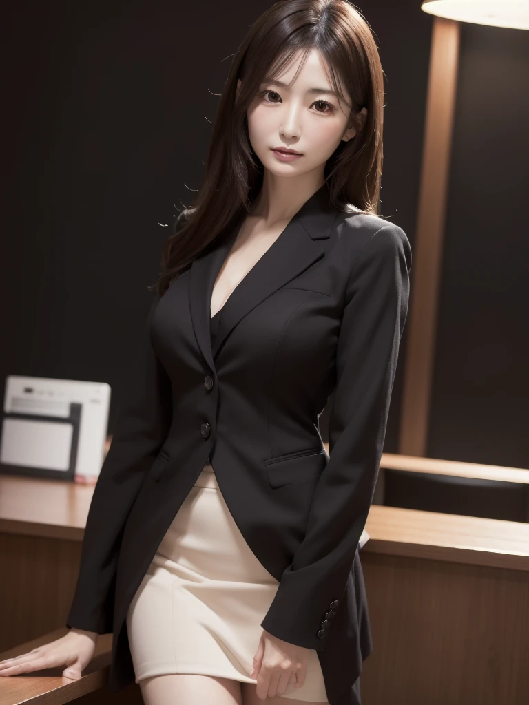 suit,2. woman,Realistic,(超high quality:1.2),Japanese,high quality,masterpiece,(Very detailed:1.4),40yo Japanese lady,Beautiful Face,(Very nice:1.4),(skirt-suit:1.1),((office)),(Small breasts),thin,High resolution,、Black background