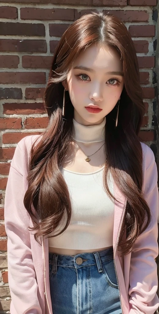 (masterpiece, best quality, 1 girl, solo, intricate details, chromatic aberration), realistic, ((medium breath)),long hair, red hair, red decoration on the head, pink highlights, amber eyes, earrings, sharp eyes, necklace, neon shirt, ripped shorts, unbuttoned jacket, turtleneck, night, against the wall, brick wall, graffiti, dim lighting, alley, look at the viewer
