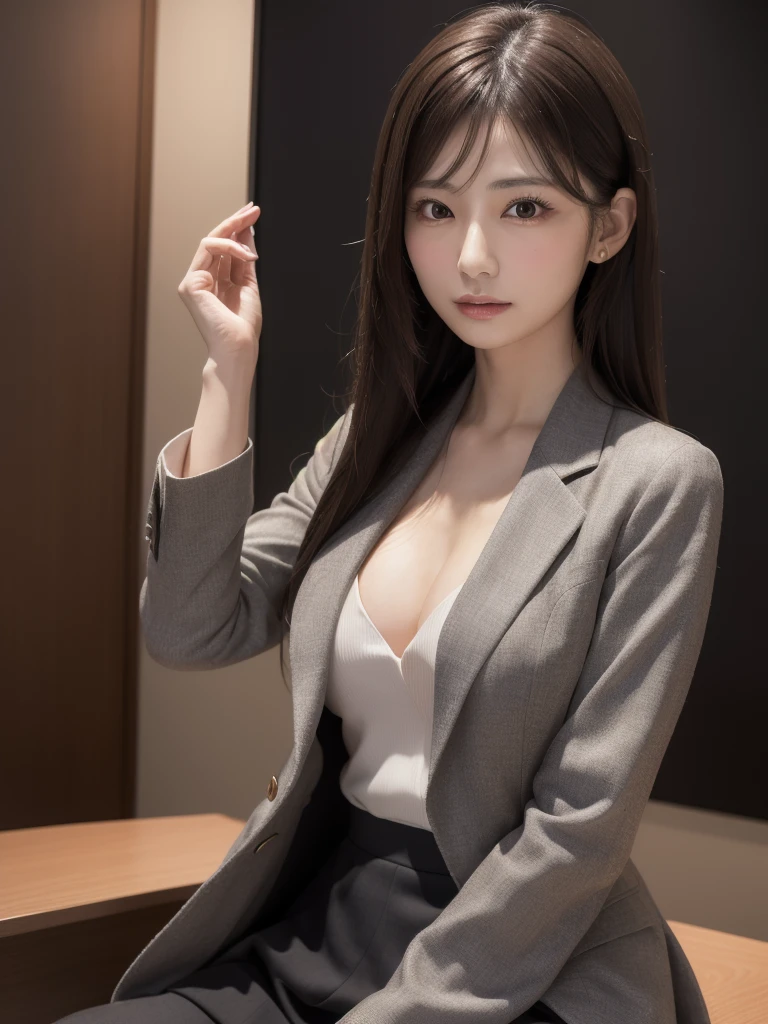 suit,2. woman,Realistic,(超high quality:1.2),Japanese,high quality,masterpiece,(Very detailed:1.4),40yo Japanese lady,Beautiful Face,(Very nice:1.4),(skirt-suit:1.1),((office)),(Small breasts),thin,High resolution,、Black background