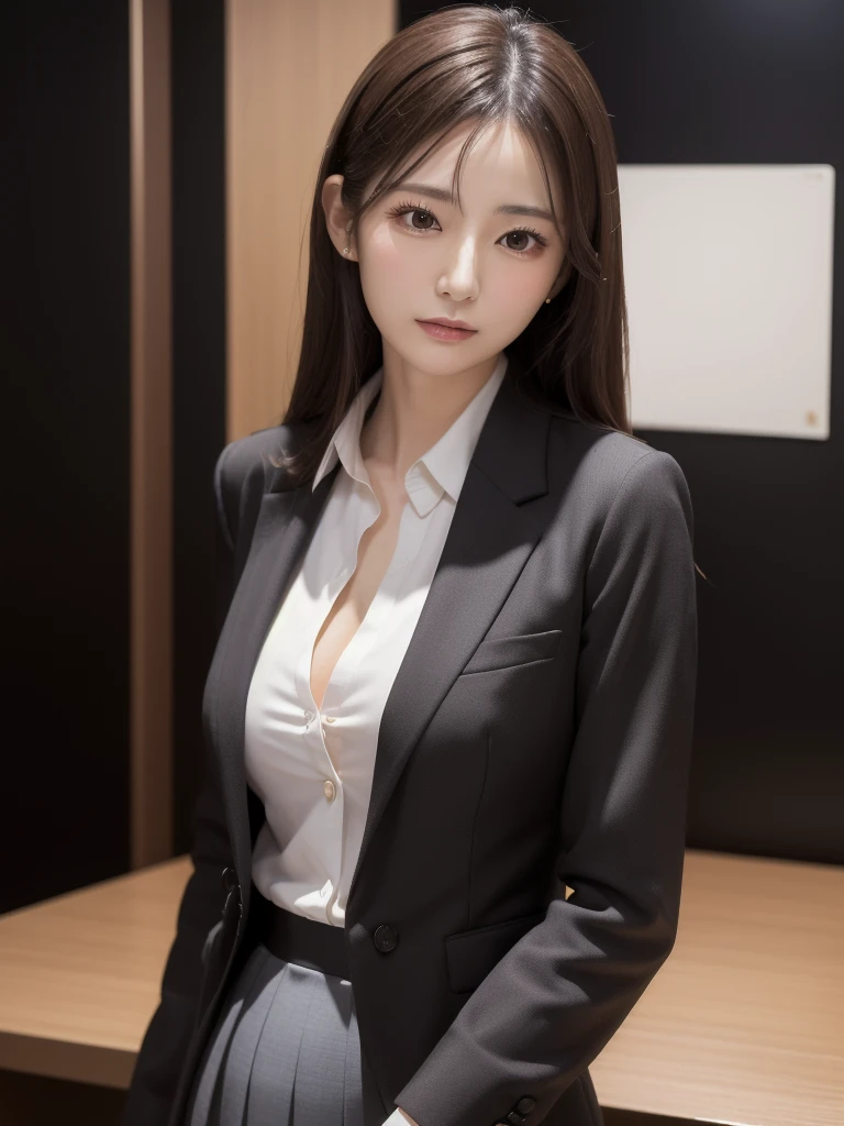 suit,2. woman,Realistic,(超high quality:1.2),Japanese,high quality,masterpiece,(Very detailed:1.4),40yo Japanese lady,Beautiful Face,(Very nice:1.4),(skirt-suit:1.1),((office)),(Small breasts),thin,High resolution,、Black background