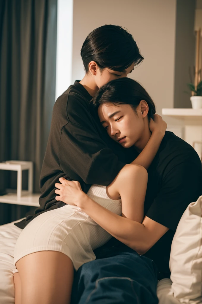 Highest quality、masterpiece、High sensitivity、High resolution、Detailed Description、Slender women、Japanese middle-aged man、A man hugs a woman from behind、Legs spread、Forcing sex on someone you want、A man's hand goes inside a woman's panties、A woman who feelan grabs woman's chest、Thighs getting wet、