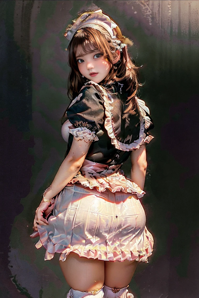 Highest quality, Super detailed, High resolution, 8K images),(Very beautiful girl:1.3)(One Girl), Brown Hair, Great face and eyes, Pink Eyes, Captivating smile, (Frilled maid cafe costume, Pleated mini skirt:1.5), (Wide open maid cafe costume:1.2), Exposed breasts, (Amazingly beautiful girl), Brown Hair, Fashionable hair ornaments,((Show me your)), ((Stick your butt out)),(Squat with legs apart), Fine and beautiful eyes,Perfect Proportions,(Overflowing big),(A full-body shot from behind), Very beautiful and cute girl,22 years old,(anime),Kamimei, Pitch black background,(Solid black background),alone,short hair