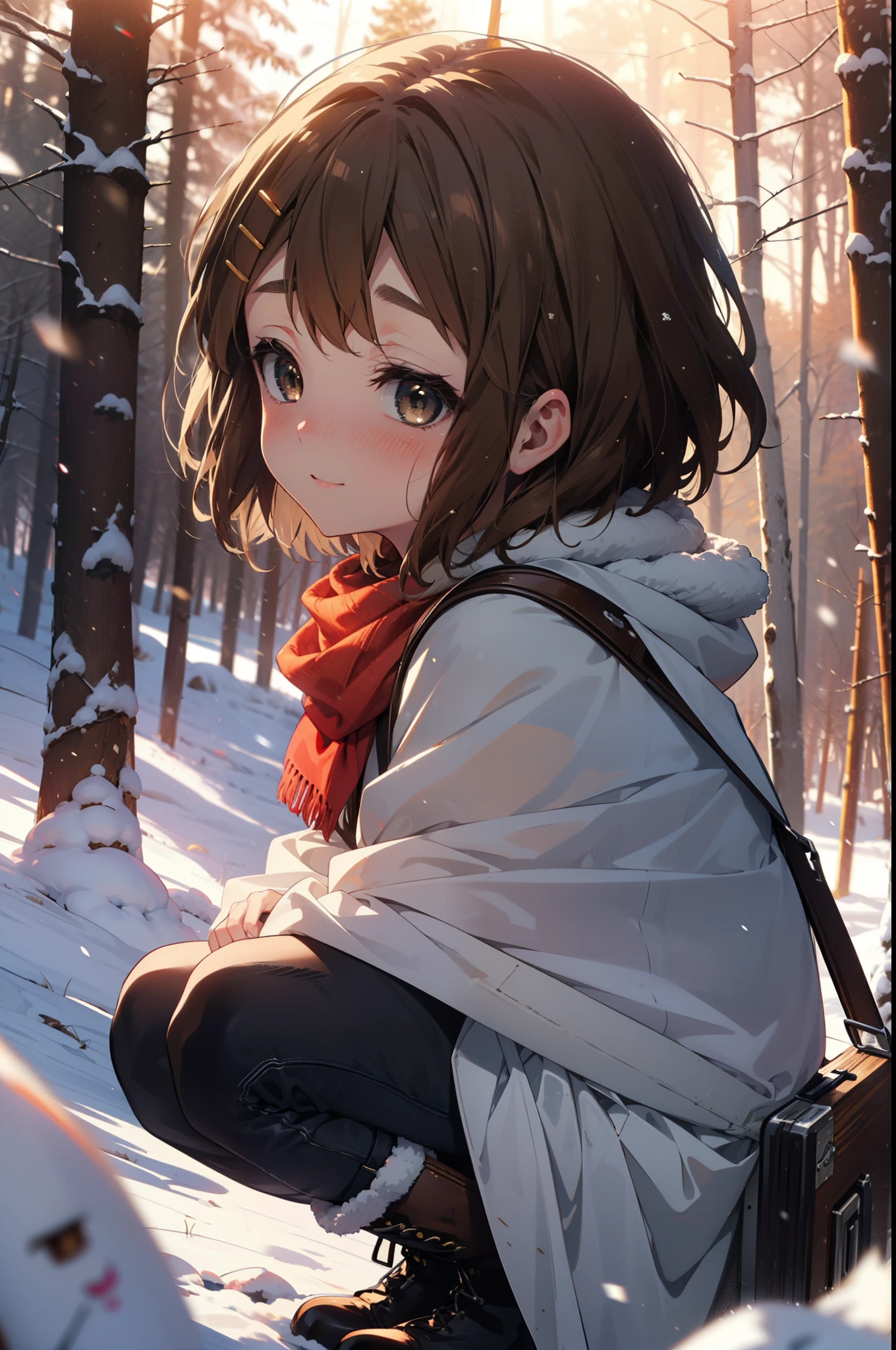 yuihirasawa, Yui Hirasawa, short hair, Brown Hair, hair ornaments, (Brown eyes:1.5), Hair Clip、smile,smile,blush,White Breath,
Open your mouth,snow,Ground bonfire,, Outdoor, boots, snowing, From the side, wood, suitcase, Cape, Blurred, , forest, White handbag, nature,  Squat, Mouth closed, Cape, winter, Written boundary depth, Black shoes, red Cape break looking at viewer, Upper Body, whole body, break Outdoor, forest, nature, break (masterpiece:1.2), Highest quality, High resolution, unity 8k wallpaper, (shape:0.8), (Beautiful and beautiful eyes:1.6), Highly detailed face, Perfect lighting, Extremely detailed CG, (Perfect hands, Perfect ???????),