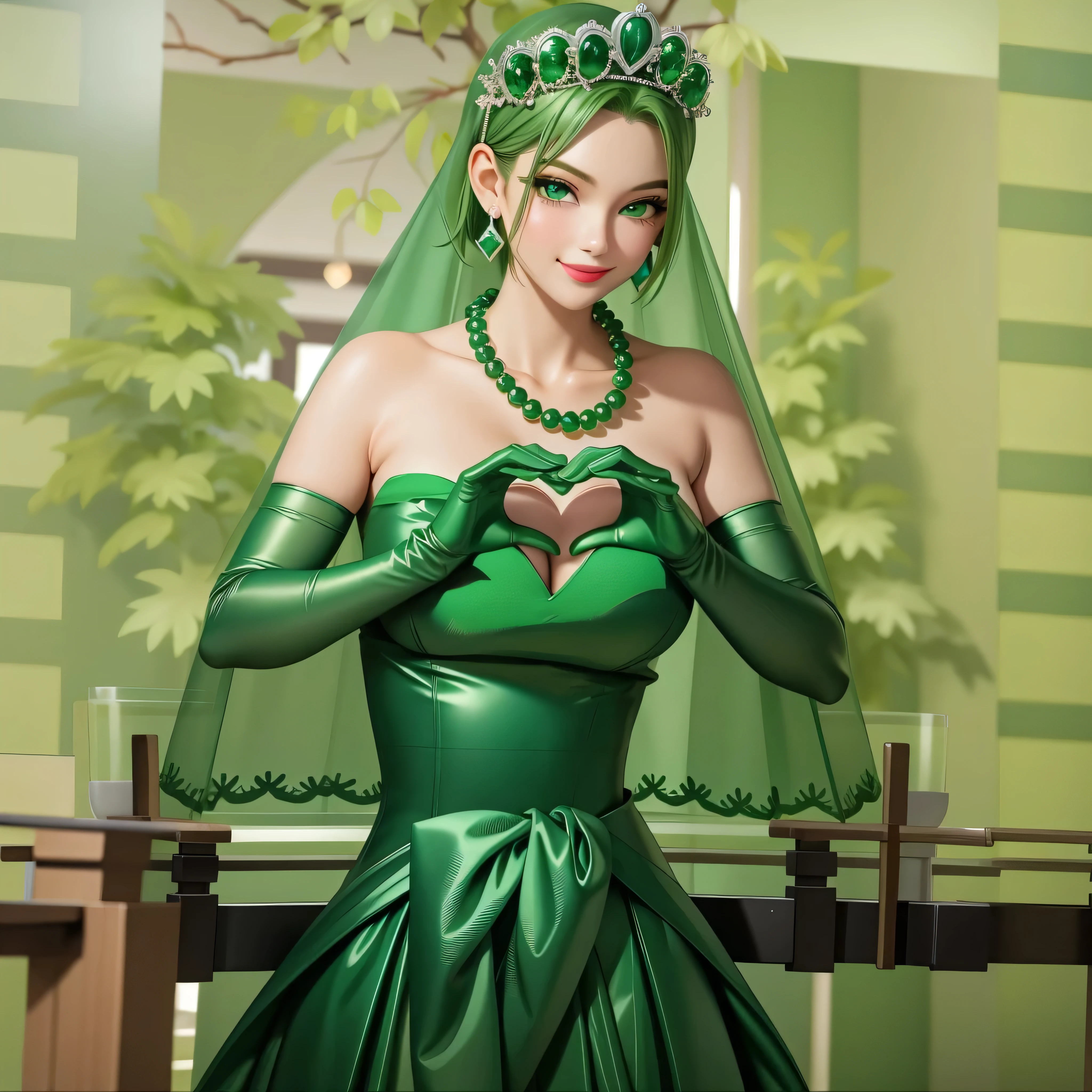 emerald tiara, Green Pearl Necklace, Boyish very short green hair, Green Lips, Smiling Japanese woman, Very short hair, Busty beautiful lady, Green Eyes, Green satin long gloves, Green Eyes, Emerald Earrings, Green veil, Heart with both hands, Green Hair, Beautiful Japanese Woman, Heart shaped hands:1.3, green lip gloss