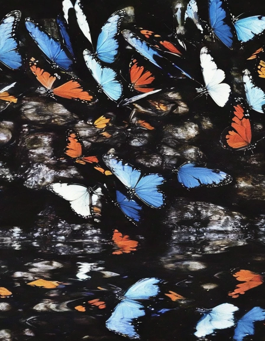 giant beautiful butterflies in black water, bangkok at night background