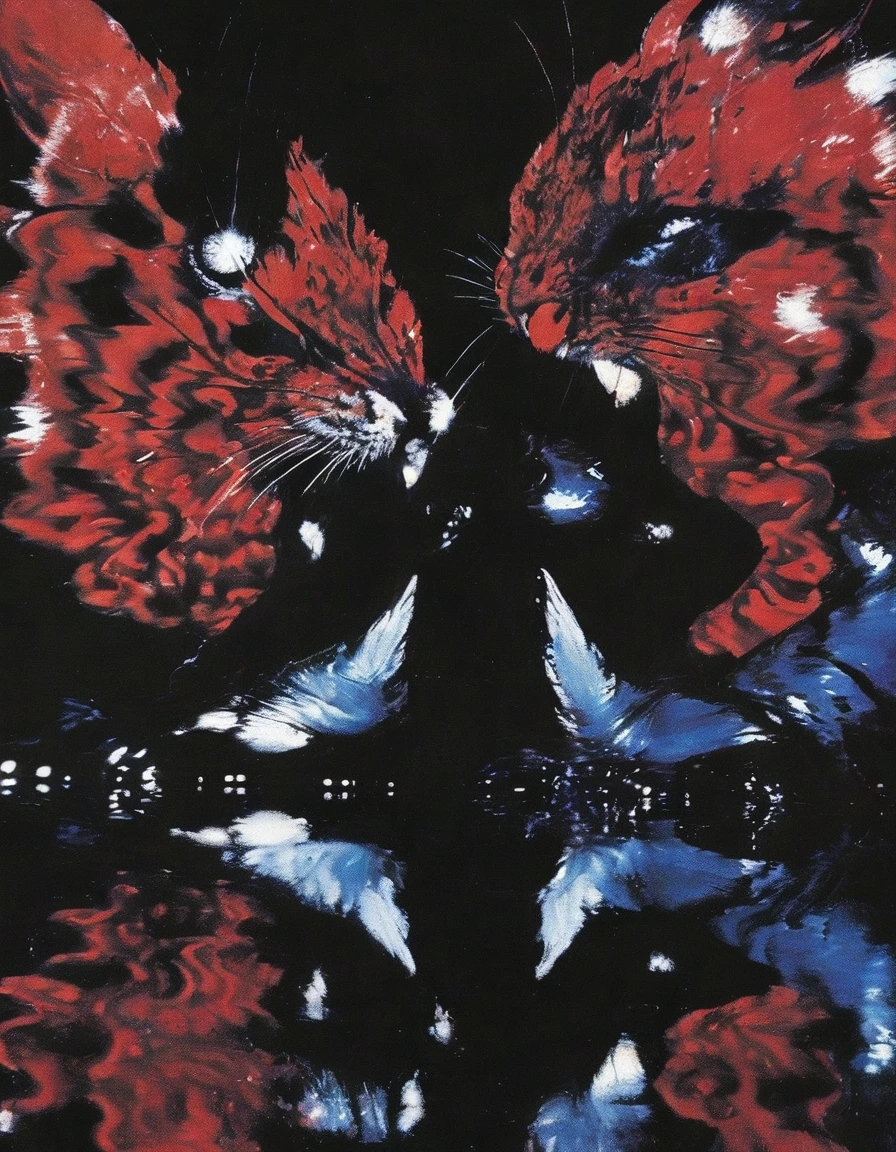 giant beautiful butterflies in black water, bangkok at night background