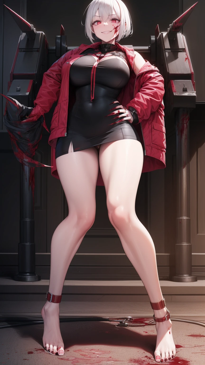 : E girl cut hair Bob color pink jacket open mini skirt (((mecha legs Master piece Ultra Quality))), stand pose head on full body, BEST QUALITY, HIGHRES, ABSURDRES, HIGH_RESOLUTION, MASTERPIECE, SUPER DETAIL, HYPER DETAIL, INTRICATE_DETAILS, LIGNE_CLAIRE, PERFECTEYES, DARK EYELASHES, EYELINER, SOFT GLOWING EYES, mature_female, large_breasts, super dark theme, blank_eyes, dead_eyes, empty_pupil, empty_eyes, standing, (((bare_feet))), (((red_eye, glowing_eyes))), sadistic smile, (((ripped_clothes, ripped_clothing, torn_clothes))), basement, (((bloody, blood on face, blood everywhere))), ((monochrome)), (((bloodyface))), (((Shackles on the ankle))), (((claws))), (((sharp_nails)))