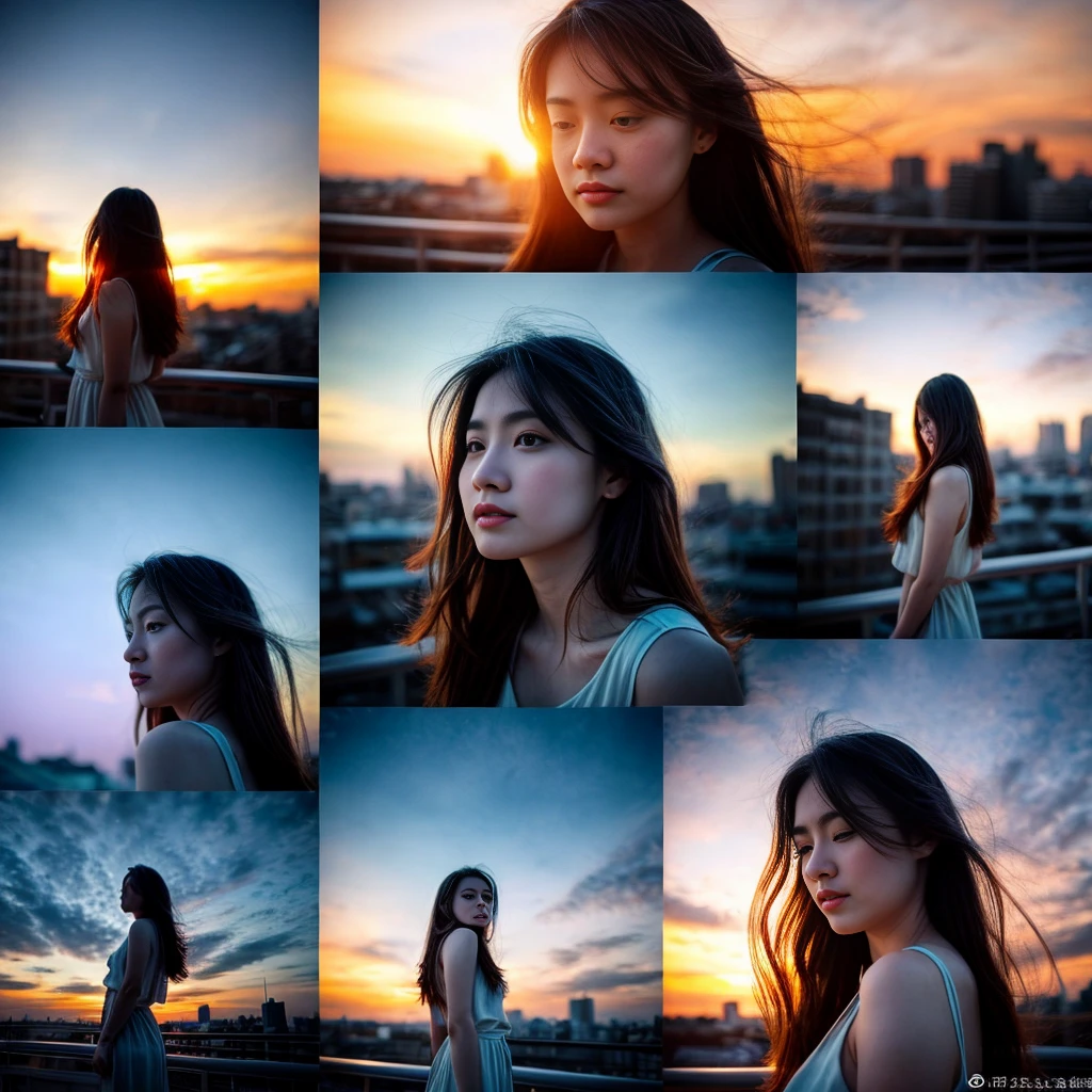 Deep Twilight Blue、Warm sunset orange、And using a soft purple palette、Draw the sky changing。The central image is、A young woman, her hair blowing gently in the evening breeze, stands on a rooftop、Let's make it look like you're looking down on the shining city below.。The cityscape、Include detailed images of sparkling lights and silhouetted buildings disappearing into the horizon。Around her、Symbolizing dreams and hopes、Scattering the faint stars that are beginning to appear in the sky。The art style is、Highlighting the contrast between the busy city and the quiet rooftop shelter、A fusion of realism and a little fantasy、Try to evoke a sense of calm and introspection。
。 High resolution, masterpiece, Highest quality, Intricate details, Very detailed, Clear focus, Delicate skin, practical skin texture, texture, Delicate eyes, Professional, 4K, Shot with Canon, 85mm, Shallow and deep, Kodak Vision Color, Exactly, Very detailed, photograph_\(Extremist\), photographpractical, practical, Post-processing, Maximum details, Roughness, Real Life, Extremist practical, Photorealism, photographgraphy, 8K Ultra HD, photographgraphy