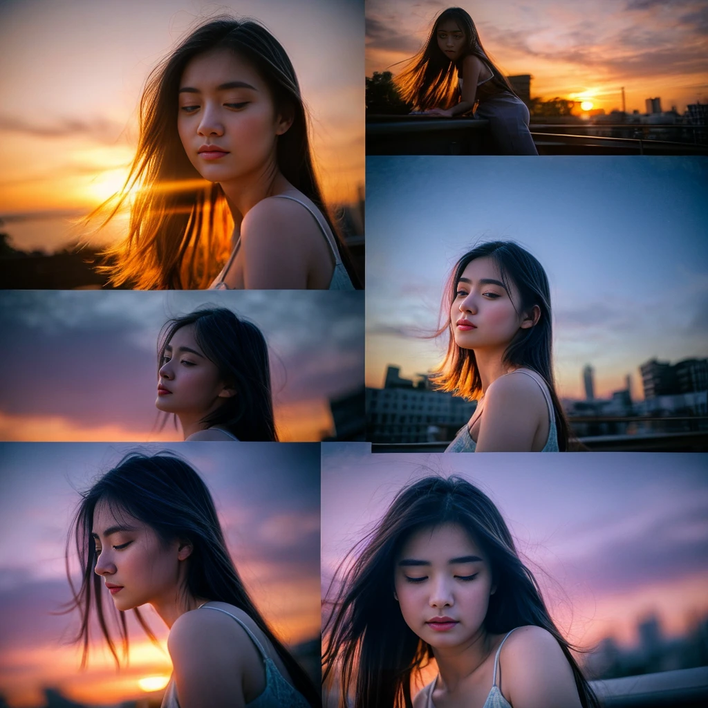 Deep Twilight Blue、Warm sunset orange、And using a soft purple palette、Draw the sky changing。The central image is、A young woman, her hair blowing gently in the evening breeze, stands on a rooftop、Let's make it look like you're looking down on the shining city below.。The cityscape、Include detailed images of sparkling lights and silhouetted buildings disappearing into the horizon。Around her、Symbolizing dreams and hopes、Scattering the faint stars that are beginning to appear in the sky。The art style is、Highlighting the contrast between the busy city and the quiet rooftop shelter、A fusion of realism and a little fantasy、Try to evoke a sense of calm and introspection。
。 High resolution, masterpiece, Highest quality, Intricate details, Very detailed, Clear focus, Delicate skin, practical skin texture, texture, Delicate eyes, Professional, 4K, Shot with Canon, 85mm, Shallow and deep, Kodak Vision Color, Exactly, Very detailed, photograph_\(Extremist\), photographpractical, practical, Post-processing, Maximum details, Roughness, Real Life, Extremist practical, Photorealism, photographgraphy, 8K Ultra HD, photographgraphy