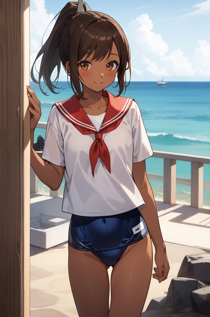 ((masterpiece)),(best quality),official art,extremely detailed CG,unity 8k wallpaper,ultra detailed,A lighthouse on a cliff by the sea,1girl,solo,cowboy shot,brown_hair,dark skin,tan,school_swimsuit,brown_eyes,smile,one-piece_swimsuit,swimsuit_under_clothes,sailor_collar,short_hair,looking_at_viewer,blush,school_uniform,short_ponytail,