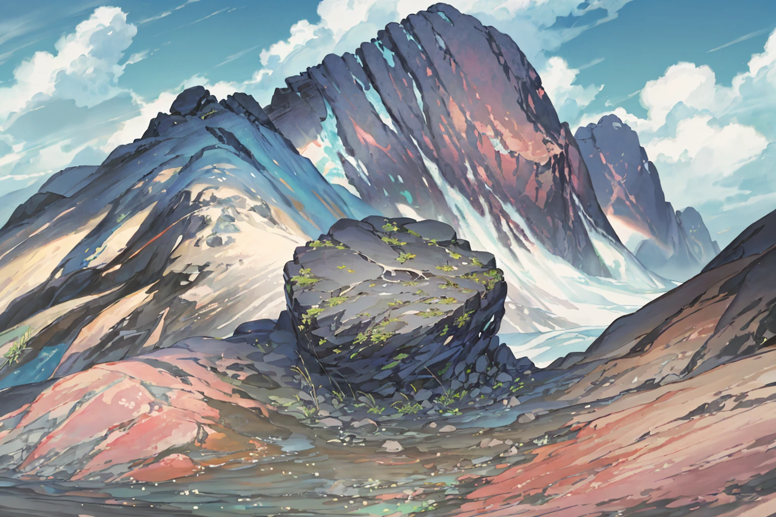 summer, rocky area, rock formation, (illustration : 1.0), Narrative composition, realistic lighting, HD detail, masterpiece, best quality best, (Highly detailed CG integrated 8k wallpaper), wide and flat rocky area, A small, sharp, rough rock at the top of the screen.