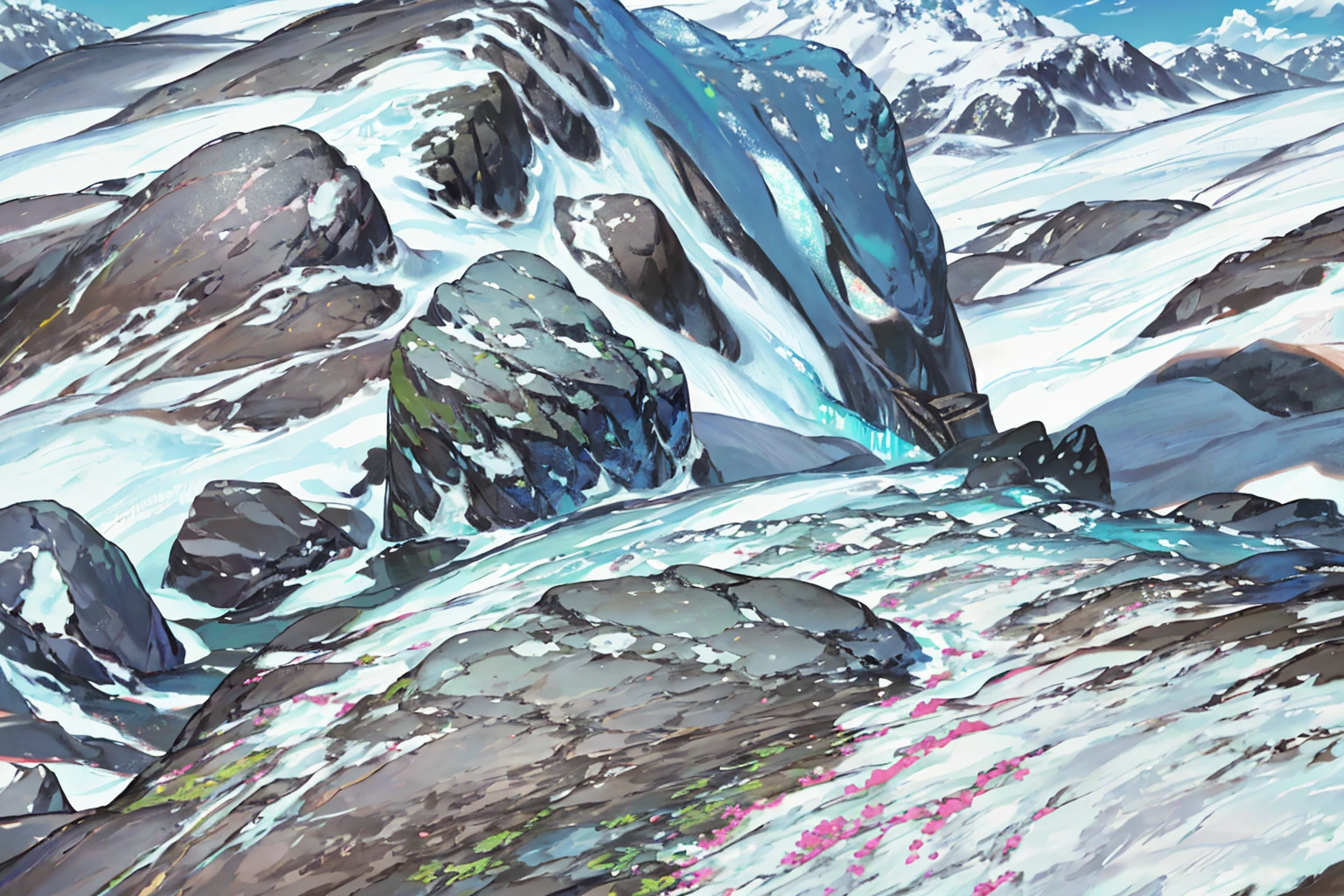 summer, rocky area, rock formation, (illustration : 1.0), Narrative composition, realistic lighting, HD detail, masterpiece, best quality best, (Highly detailed CG integrated 8k wallpaper), wide and flat rocky area, A small, sharp, rough rock at the top of the screen.
