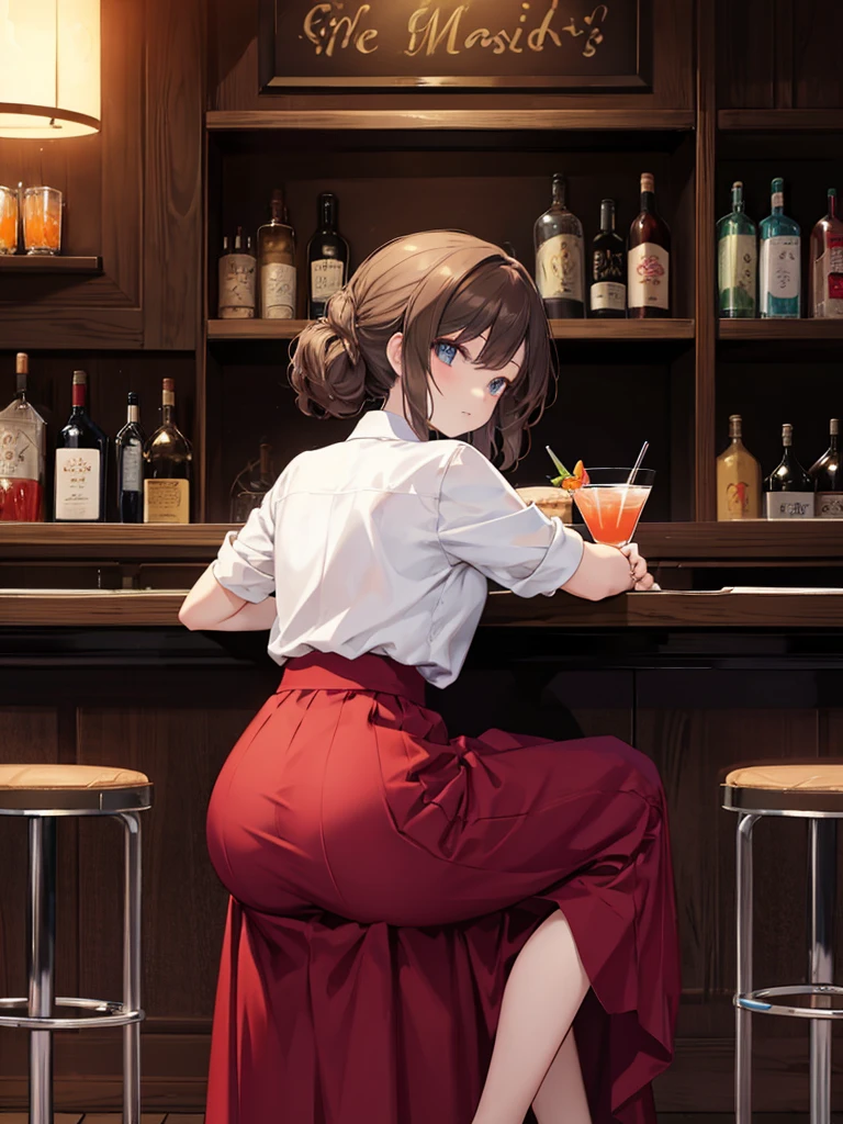 look back女, Long skirt, Anime style painting, An illustration, liquor, Woman sitting at a bar drinking a cocktail, look back, Looking over one&#39;s shoulder, Small face, 背景の棚には多彩な色のliquor瓶が並んでいる, Quiet bar, Calm expression, Perfect hands, elder, Red Hair, The dignity of a 50-year-old, ほろ酔いのwoman, solo、(Highly detailed background:1.0)、(Highly detailed background:1.0)、masterpiece、Highest quality、(Babes)、Fractal Art、Red eyes、Narrow eyes、Black and red dress, Reddish lips、From the shoulders up、smile、One Woman、Red long ponytail, Curly Hair, Red eyes,Golden accessories, solo, Big Breasts, woman, Take-out, Provocative laughter,40 year old woman,Queen of Sadism, Highly detailed background, Perfect Human Medicine,