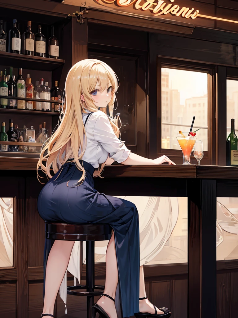 "Please create an anime-style illustration of a graceful and cute woman sitting by the window in a cafe, holding a cocktail in one hand, and gazing at the night view.