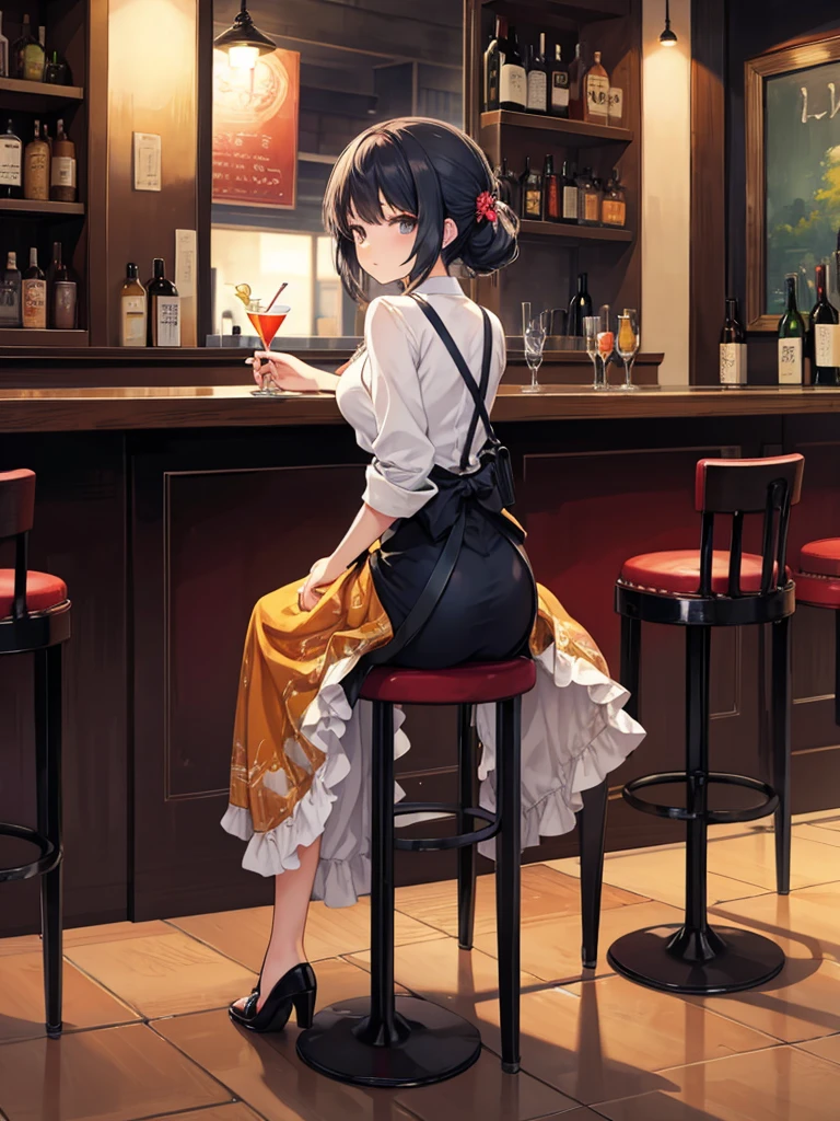 look back女, Long skirt, Anime style painting, An illustration, liquor, Woman sitting at a bar drinking a cocktail, look back, Looking over one&#39;s shoulder, Small face, 背景の棚には多彩な色のliquor瓶が並んでいる, Quiet bar, Calm expression, Perfect hands, elder, Red Hair, The dignity of a 50-year-old, ほろ酔いのwoman, solo、(Highly detailed background:1.0)、(Highly detailed background:1.0)、masterpiece、Highest quality、(Babes)、Fractal Art、Red eyes、Narrow eyes、Black and red dress, Reddish lips、From the shoulders up、smile、One Woman、Red long ponytail, Curly Hair, Red eyes,Golden accessories, solo, Big Breasts, woman, Take-out, Provocative laughter,40 year old woman,Queen of Sadism, Highly detailed background, Perfect Human Medicine,