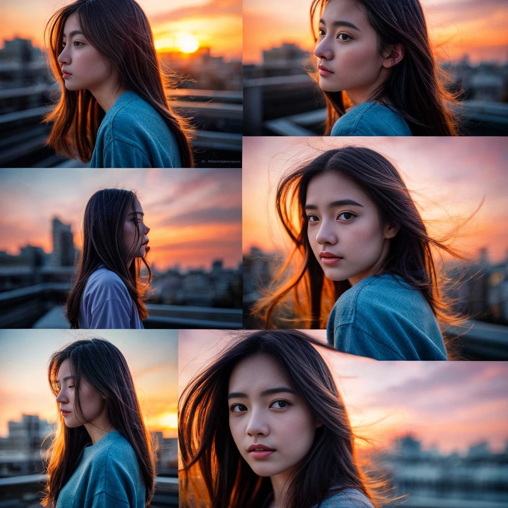 
Deep Twilight Blue、Warm sunset orange、And using a soft purple palette、Draw the sky changing。The central image is、A young woman, her hair blowing gently in the evening breeze, stands on a rooftop、Let&#39;s make it look like you&#39;re looking down on the shining city below.。The cityscape、Include detailed images of sparkling lights and silhouetted buildings disappearing into the horizon。Around her、Symbolizing dreams and hopes、Scattering the faint stars that are beginning to appear in the sky。The art style is、Highlighting the contrast between the busy city and the quiet rooftop shelter、A fusion of realism and a little fantasy、Try to evoke a sense of calm and introspection。
。 High resolution, masterpiece, Highest quality, Intricate details, Very detailed, Clear focus, Delicate skin, practical skin texture, texture, Delicate eyes, Professional, 4K, Shot with Canon, 85mm, Shallow and deep,  Kodak Vision Color, Exactly, Very detailed, photograph_\(Extremist\), photographpractical, practical, Post-processing, Maximum details, Roughness, Real Life, Extremist practical, Photorealism, photographgraphy, 8K Ultra HD, photographgraphy