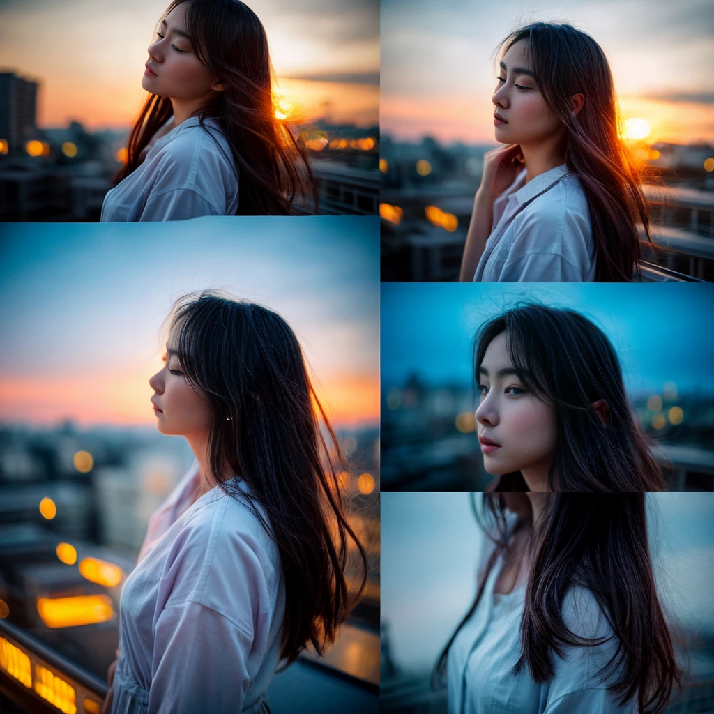 Deep Twilight Blue、Warm sunset orange、And using a soft purple palette、Draw the sky changing。The central image is、A young woman, her hair blowing gently in the evening breeze, stands on a rooftop、Let's make it look like you're looking down on the shining city below.。The cityscape、Include detailed images of sparkling lights and silhouetted buildings disappearing into the horizon。Around her、Symbolizing dreams and hopes、Scattering the faint stars that are beginning to appear in the sky。The art style is、Highlighting the contrast between the busy city and the quiet rooftop shelter、A fusion of realism and a little fantasy、Try to evoke a sense of calm and introspection。
。 High resolution, masterpiece, Highest quality, Intricate details, Very detailed, Clear focus, Delicate skin, practical skin texture, texture, Delicate eyes, Professional, 4K, Shot with Canon, 85mm, Shallow and deep, Kodak Vision Color, Exactly, Very detailed, photograph_\(Extremist\), photographpractical, practical, Post-processing, Maximum details, Roughness, Real Life, Extremist practical, Photorealism, photographgraphy, 8K Ultra HD, photographgraphy