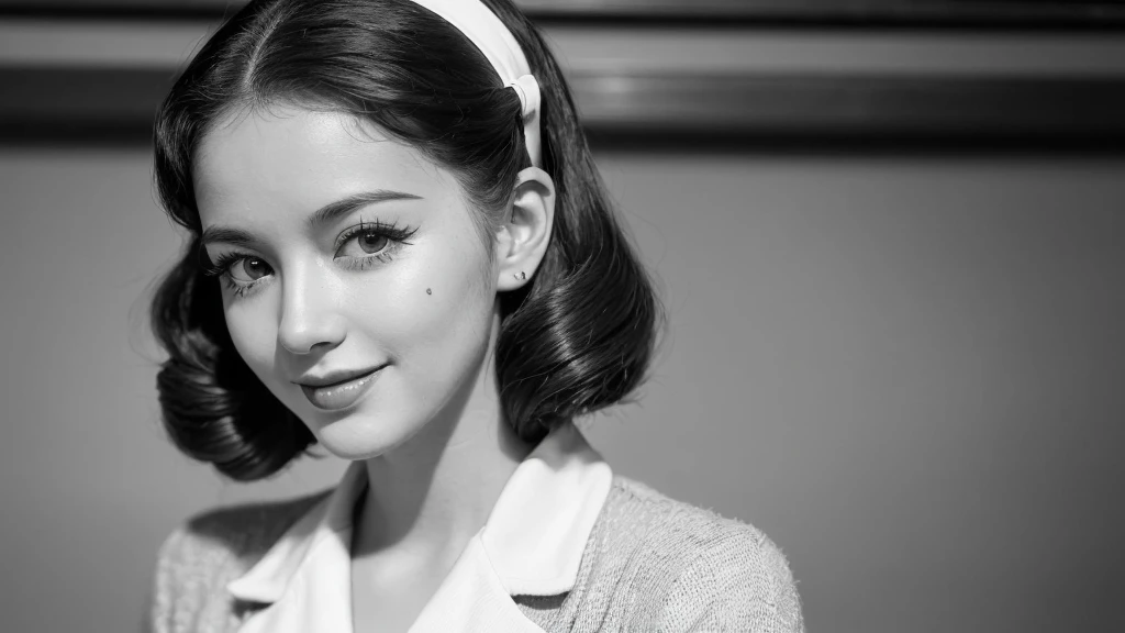 (1940s cute girl:1.3), (1girl:1.3), (smile shyly), (highly detailed face), (extremely detailed beautiful face), (Early Showa hairstyle, retro hairstyle, 1940 fashionable clothing, oldies fashion:1.4), (Best Quality:1.4), (Ultra-detailed), extremely detailed CG unified 8k wallpaper, Realistic portrait, Beautiful detailed, High-definition raw color photos, professional photography, (fine face:1.2), focus on women, (oldies, oldies songs, Old photos, retro photos, sepia photos, black and white photos, valuable photos that give you a sense of the times), (A scene from a retro musical movie from the 1940s),