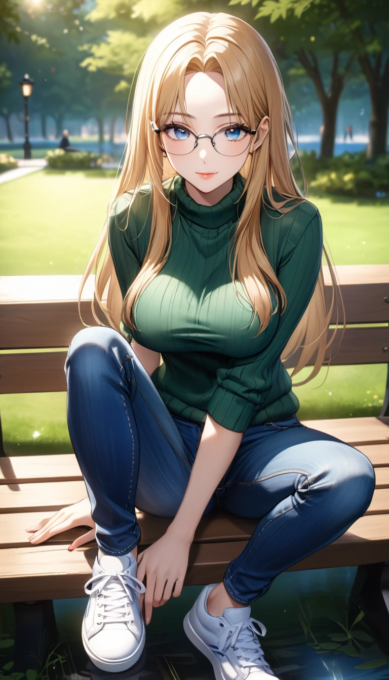 best quality, highres, 8k, masterpiece, immersive atmosphere, chiaroscuro:(1.5, bright light:1.2, luminous lighting), blurring, (background blur:1.5),
(dynamic angle, seductive pose:1.2, sitting), park, pond, bench, (legs focus, full body:1.5), delicate features, (beautiful face, beautiful eyes, beautiful legs), not safe for work, (opaque:1.5), high contrast, SDXL,
1girl, (25 years old:1.5), white skin, blue eyes, (reading glasses:1.2), blonde hair, straight hair, long hair, (forehead:1.2), bright lips, seductive smile, (slender figure:1.1), (green sweater:1.2), large breast, hard nipples, (jeans pants:1.4, blue jeans:1.4, skinny jeans:1.2), (white sneakers:1.2),