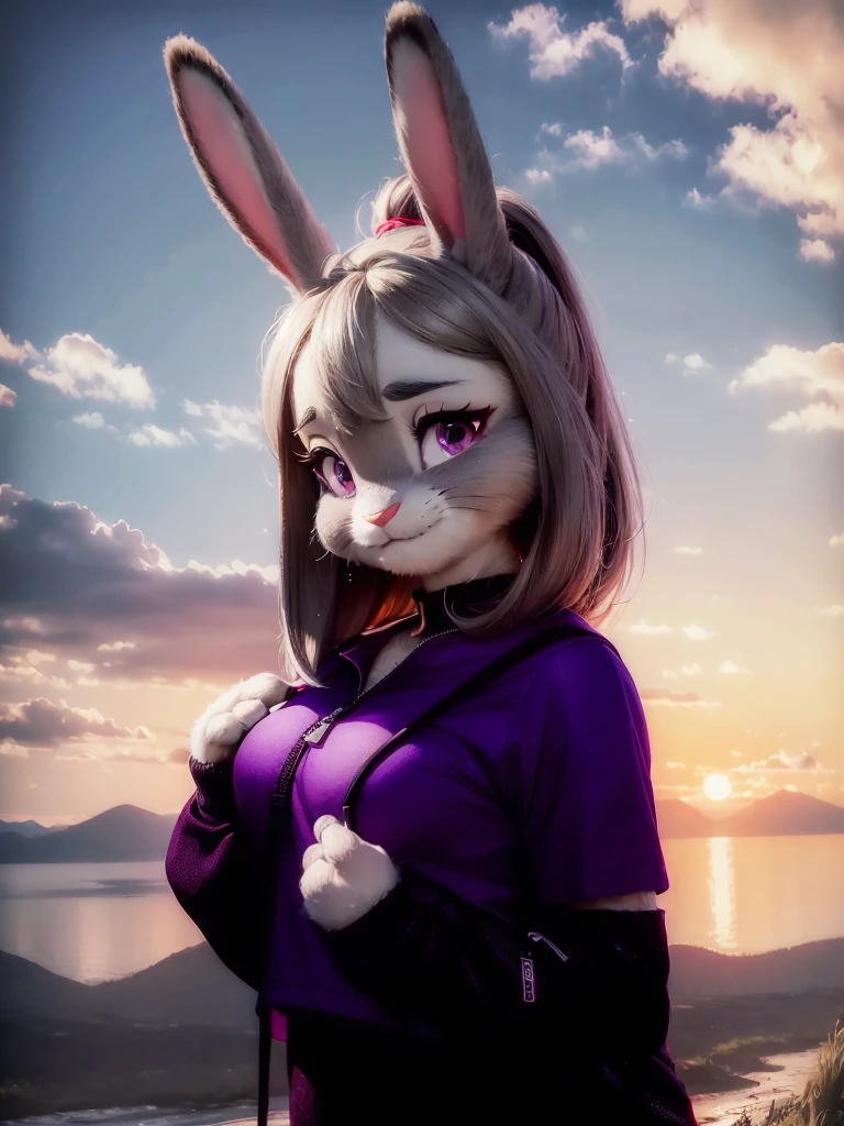 Highest quality,
masterpiece,
Ultra-realistic,
Super detailed,
Beautiful details,
4K,8K,upper,
pixar,
Photo realistic,
Close-Up Shot,
Background is ((Magnificent mountain)), ((at dusk)),
Realistic lighting,
hiking woman,
((Anthropomorphic rabbit)),
Detailed animals,
Complex patterns,
(Furry:1.35),
(All skin is grey:1.3),
(The body is fluffy and bushy:1.3),
Realistic fur,
Human hand,
(Judy Hopps face:1.35),
((ponytail hair)),
((side part bangs)), bangs,
((dark gray hair color)),
Purple eyes,
{Eye highlights, Clear eyes, Eyes sparkling, Large, round pupils},
Detailed Iris,
(Eyebrows raised:1.2),
(Crescent eyebrows:1.3),
(Bunny ears:1.3), ((shy face)),
(((She is so happy she feel like crying))),
raised corners of mouth,
The woman is wearing T-shirt over the check shirt and shorts,
((White T-shirt)) BREAK ((gingham check shirt)) BREAK ((wine red Trekking Shorts)),
carry a backpack, rucksack,
(alone:1.5),
(1 Female:1.5),
Only 1 character,
Perfect Anatomy,
Lighting behind,
Lighting back,
sunset light,
Intricate details,
Ray Tracing,
Realistic,