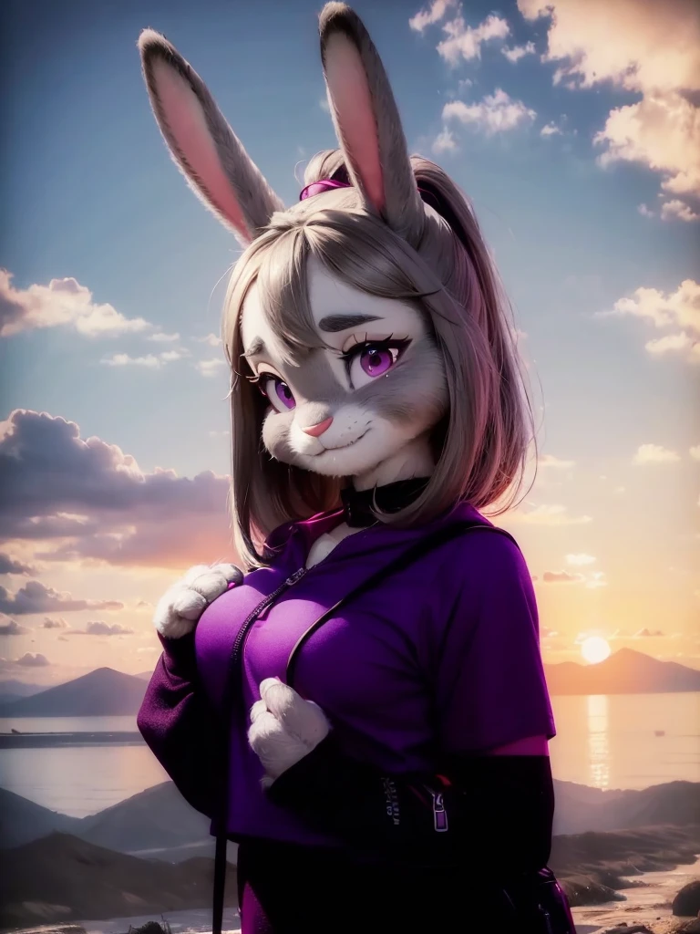 Highest quality,
masterpiece,
Ultra-realistic,
Super detailed,
Beautiful details,
4K,8K,upper,
pixar,
Photo realistic,
Close-Up Shot,
Background is ((Magnificent mountain)), ((at dusk)),
Realistic lighting,
hiking woman,
((Anthropomorphic rabbit)),
Detailed animals,
Complex patterns,
(Furry:1.35),
(All skin is grey:1.3),
(The body is fluffy and bushy:1.3),
Realistic fur,
Human hand,
(Judy Hopps face:1.35),
((ponytail hair)),
((side part bangs)), bangs,
((dark gray hair color)),
Purple eyes,
{Eye highlights, Clear eyes, Eyes sparkling, Large, round pupils},
Detailed Iris,
(Eyebrows raised:1.2),
(Crescent eyebrows:1.3),
(Bunny ears:1.3), ((shy face)),
(((She is so happy she feel like crying))),
raised corners of mouth,
The woman is wearing T-shirt over the check shirt and shorts,
((White T-shirt)) BREAK ((gingham check shirt)) BREAK ((wine red Trekking Shorts)),
carry a backpack, rucksack,
(alone:1.5),
(1 Female:1.5),
Only 1 character,
Perfect Anatomy,
Lighting behind,
Lighting back,
sunset light,
Intricate details,
Ray Tracing,
Realistic,