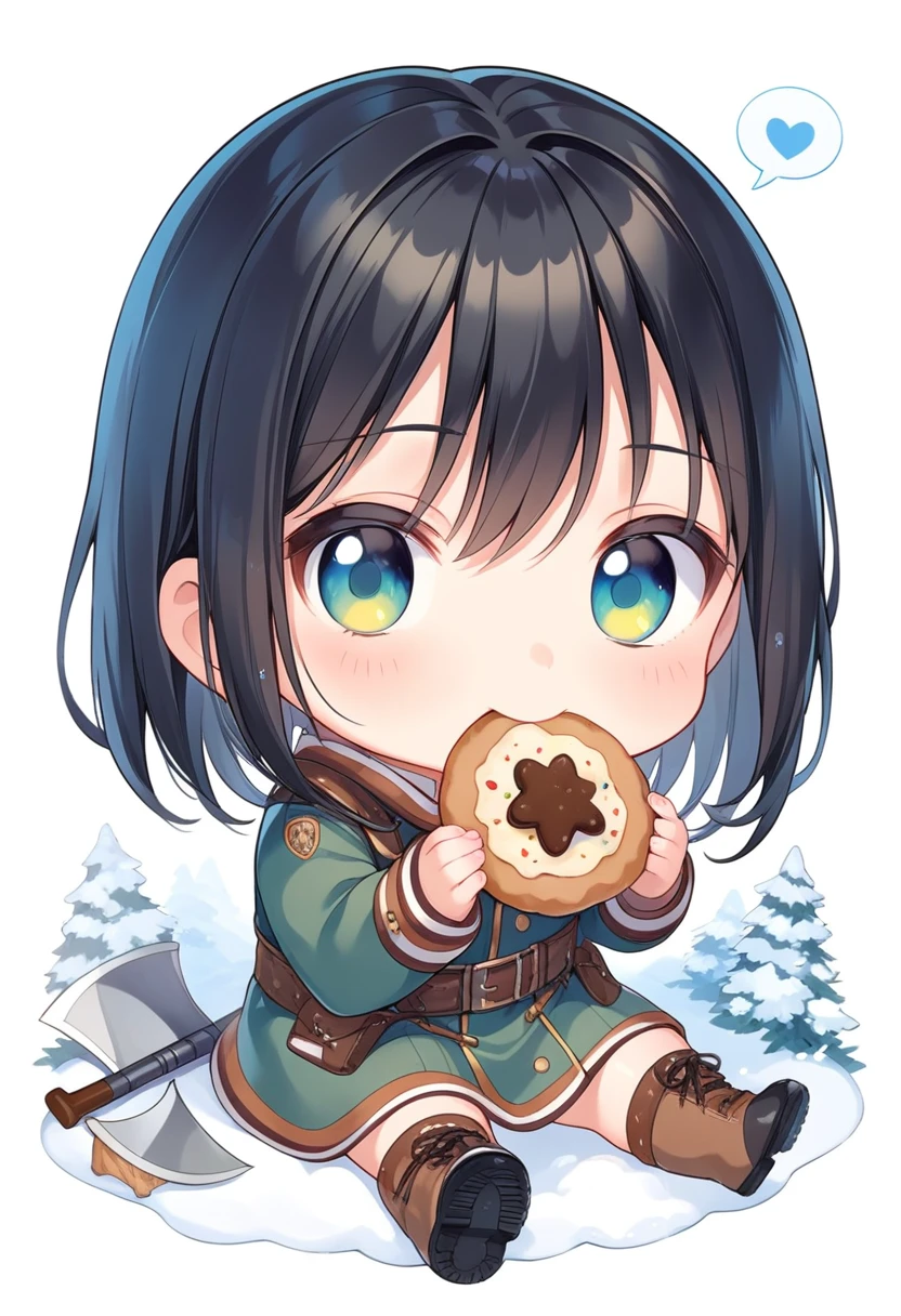 score_9, score_8_up, score_7_up, source_anime, (chibi), eating cookie, spoken heart, sitting, black hair, snowy background, military uniform, black axe, simple background