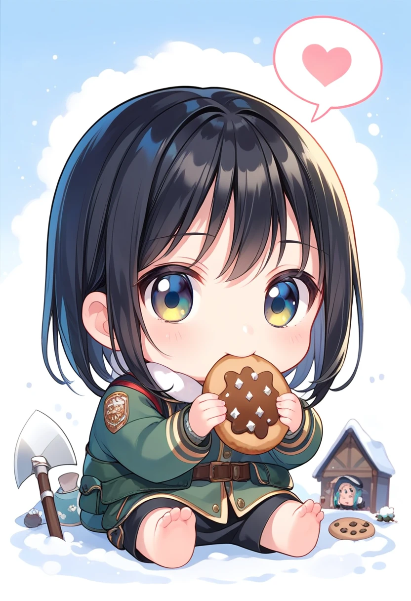 score_9, score_8_up, score_7_up, source_anime, (chibi), eating cookie, spoken heart, sitting, black hair, snowy background, military uniform, black axe, simple background