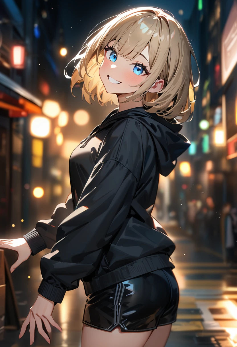 (((One girl))), Shibuya, street, blond hair, bob cut, (looking at viewer), (((full body))), breasts, ager, head tilt:1.3, (((blue eye))), constricted pupils, (from side:1.3), ((happy smile)), (((black hoodie:1.3, black shorts:1.3))), bare legs, ((black platform high cut sneakers)), anime style, (best quality, 4k, 8k, highres, masterpiece:1.2, ultra-detailed, ultra-detailed eyes, HDR, UHD, studio lighting, ultra-fine painting, sharp focus, physically-based rendering, extreme detail description, professional, vivid colors, bokeh)
