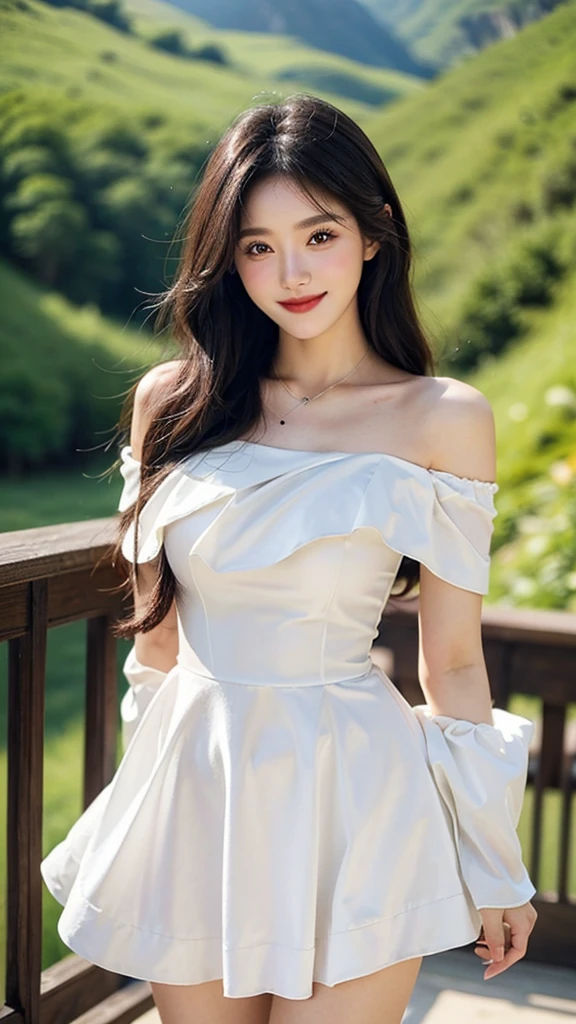 A sweet girl by the moutain，voluminous hair，Delicate face，Photorealsitic，of a real，largeaperture，wears a white dress，A cropped dress，Off-the-shoulder，A dress around the neck，Slim，smiles，Ultra-high resolution, Blurred background