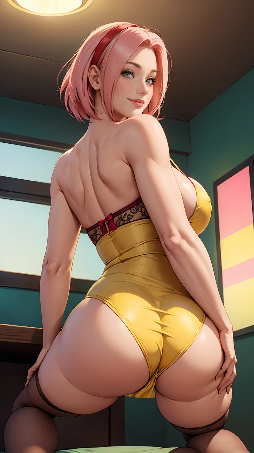 (((HUGE TITS)))((SMILEs inocentes )),(((huge bare butt))),(((Sexy dress with bare shoulders and lingerie details, yellow color in different styles))), Masterpiece, The best quality at the best, 1 girl, Sakura Haruno, senos Bigs,Off the shoulder clothing, ,(neckline),(Closeup of upper body),Sexy servant, shy,SMILE,with pink hair, Long whitish hair, There a woman with pink hair and stockings posing in a stritease club., bottom angle, illuminated from behind, on knees, thighs and skirt, on knees, spying from behind, thighs close up, curvy accented booty, hyperrealistic with short dress , tucked knees, bend, hugging his knees, illuminated from below, View from behind ,(((Big )))