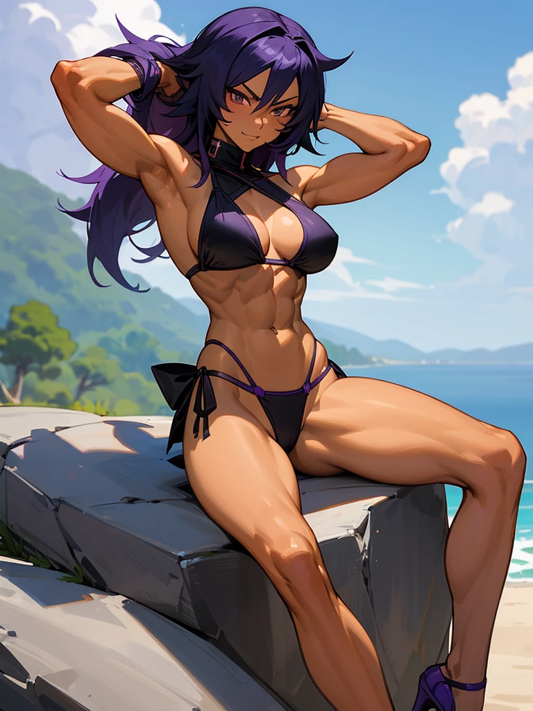 18 year old Yoruichi Shihōin from Bleach with tanned skin in a purple thong bikini flexing her muscles with her hands behind her head so they are not visible to pridefully show off her rock hard abs and sitting on her heels on a mountain ledge, highly detailed 