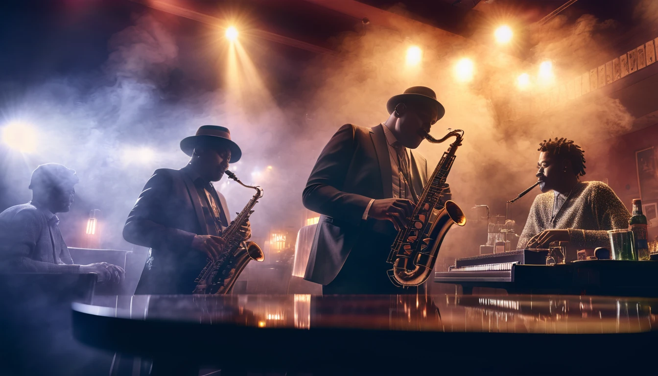 scene in a cozy jazz club, dark and smoky, three saxophonists of European appearance, insanely complex detail, Award-winning art, ray tracing, sharp focus, 8 k, HDR, masterpiece, professional, very detailed, perfect hands