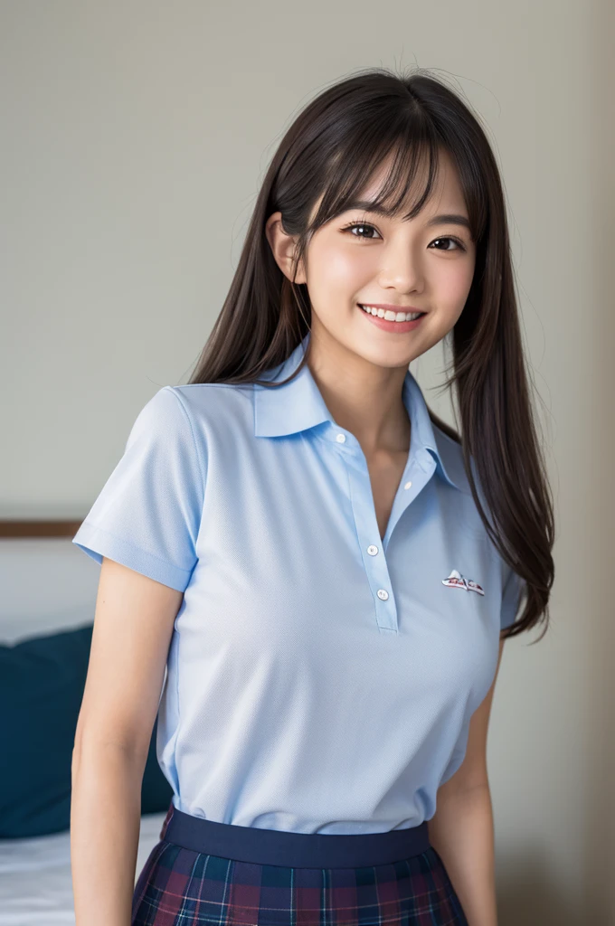 (bestquality,4k,8k,highres,masterpiece:1.2),ultra-detailed, (realistic,photorealistic,photo-realistic:1.37) , ,beautiful Japanese girl, Giddy-Smile, wearing a navy Polo shirt, Plaid mini skirt, (skirt lift:1.3), (from bottom:1.3), bed