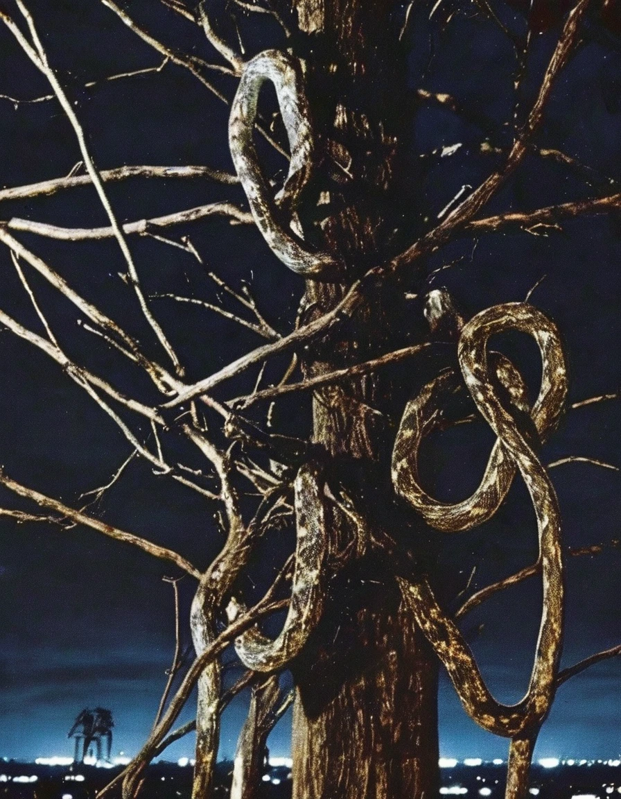 snakes, electric pole with many electric cables in bangkok at night