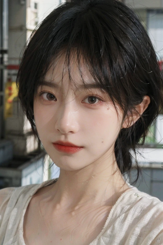 (Skin details:1.4), (smooth skin textures:1.3), Lipstick, background,海滩background, Direct vision, earrings, serene, calm, (Realistic and detailed eyes:1.2), Natural skin texture, Realistic facial details, Soft dramatic lighting, Vivid details, 35 mm film, outdoor, (Photo Practical:1.4), (hyper Practical:1.4), (Practical:1.3), (Smoother lighting:1.05), (Improve lighting quality:0.9), (Highest quality real skin textures:1.4), Exquisite eyes, Delicate face, Close-up of face, (Enhance the beauty of skin texture:1.1), Hair details, Vest,normal body ratio, short hair, Moles under the eyes, thinking, A faint smile,公园background,Portrait Photography, Depth of Field, Bokeh, Surrealism, Ray Tracing, (Portrait Photography:1.1), Surrealism, High Detail, Chiaroscuro, Ray Tracing, reflected light, Ultra HD, Ultra HD, masterpiece, Textured Skin, Super Detail, High Detail, high quality, best quality