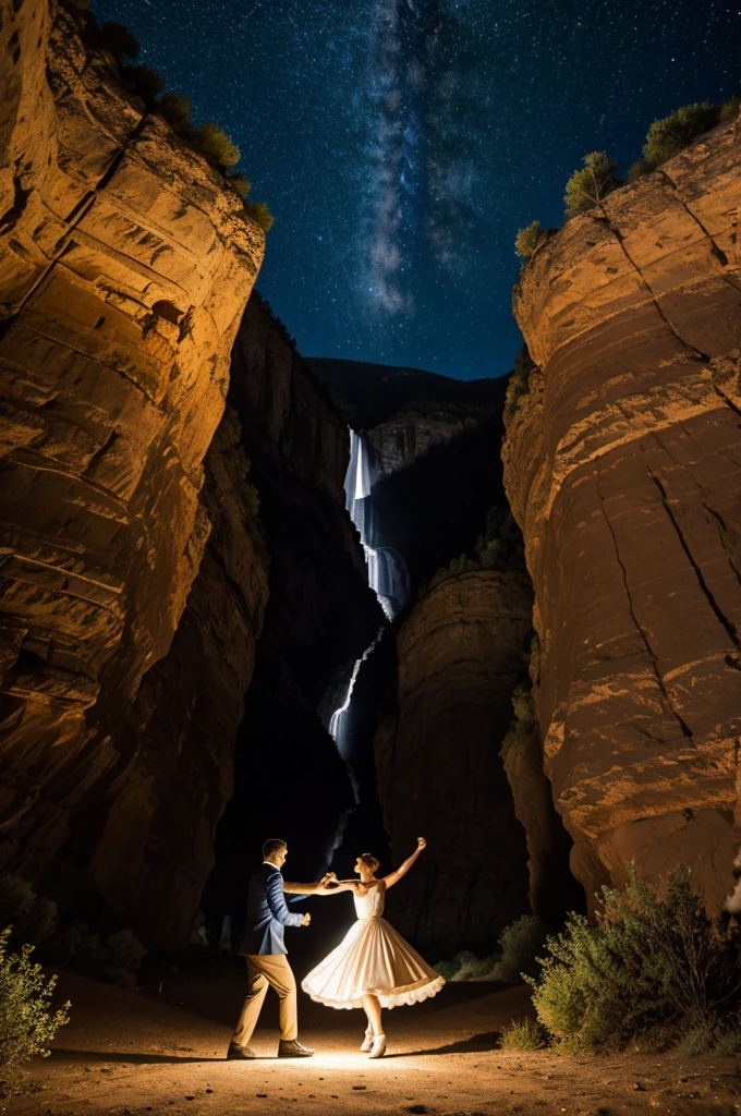 People dancing in a valley under the stars
