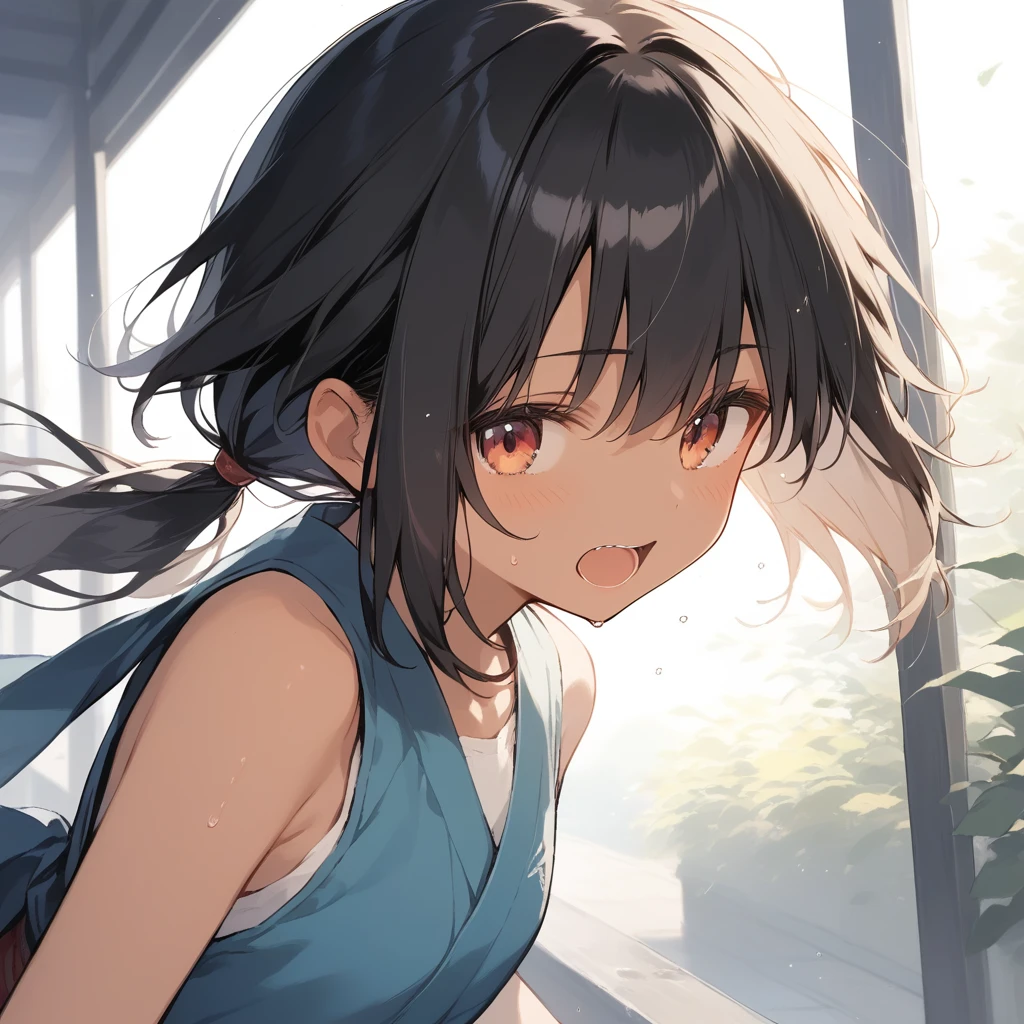 score_9, score_8_up, score_7_up, source_anime, best quality, masterpiece, official art, absurdres, highres, ultra-detailed,waifu2x,Collection: Slice of Life,break,1girl, tomboy, dark-skinned female, short hair, low ponytail, flat chest, beautiful detailed eyes, ninja, bike shorts, sweat, open mouth, (yawn:0.3), sleepily, outdoors, wind, break,(clear line illustration:1.2),very high resolution, very aesthetic, super detailed skin, Best sexual lighting powered by famous artist, 8k,cute picture,beauty illustration,photoshop_(medium),,(Detailed Lighting),best anime 8k konachan wallpaper, pixiv contest winner,