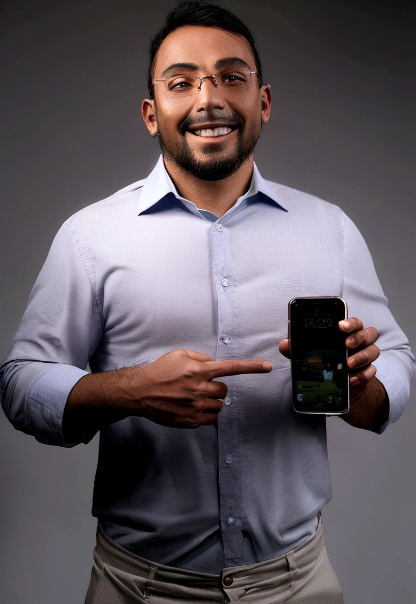 man smiling with his thin beard, with a light on the front and wearing a formal shirt and glasses