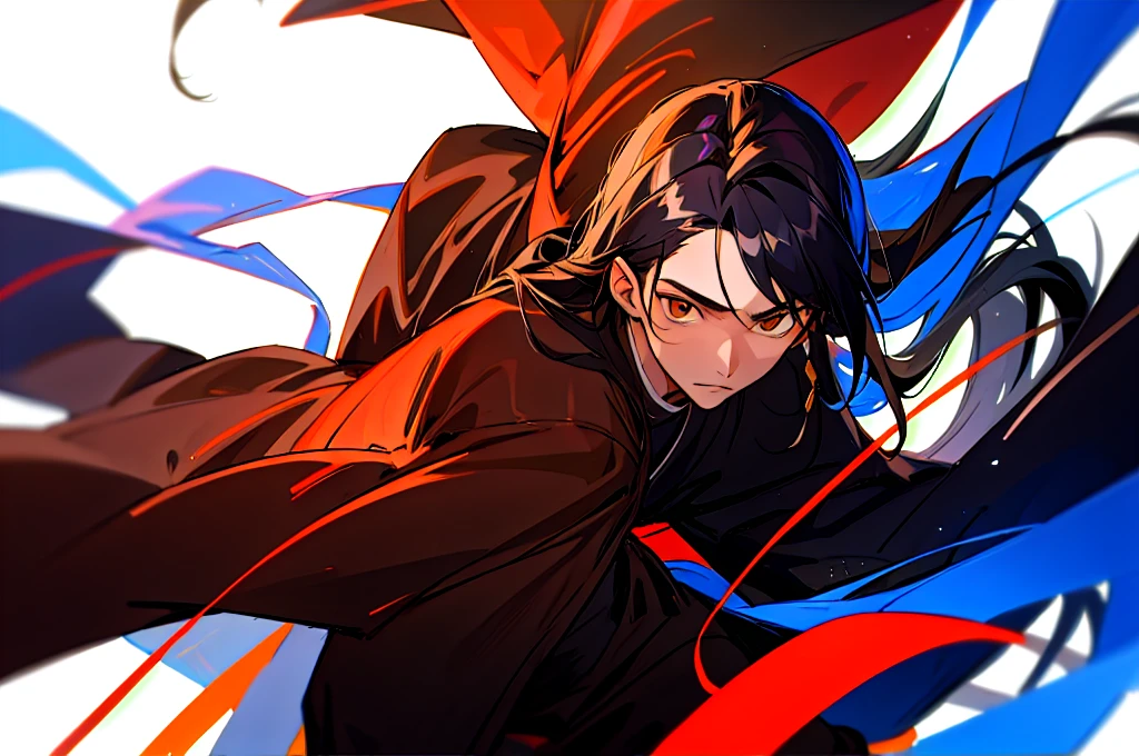 A 19 year old man with long black hair wearing a brown robe and a Dark Abys Katana Model Vtuber
