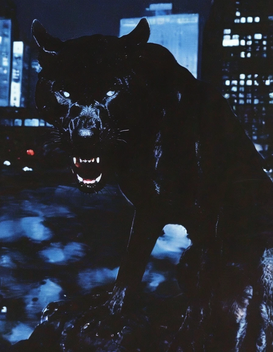 butterfly, giant black panther on new york street at night