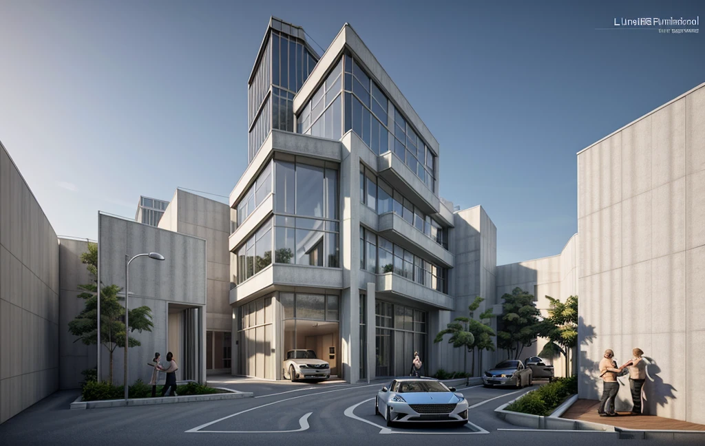 a rendering of a modern building with a car parked in front of it, architectural render, a photorealistic rendering, white wall, stone wall, clear glass, warm lighting, interior light, sunrise, blue sky, low angle dimetric rendering, architectural 3 d render, rendered in lumion pro, architectural visualization, architecture render, mantra rendering, wide angle exterior 2022, precise architectural rendering, lumion render, rendered in lumion, architectural rendering, depth of field, motion blur, vignetting, ray tracing, masterpiece, high details, high quality, best quality, highres