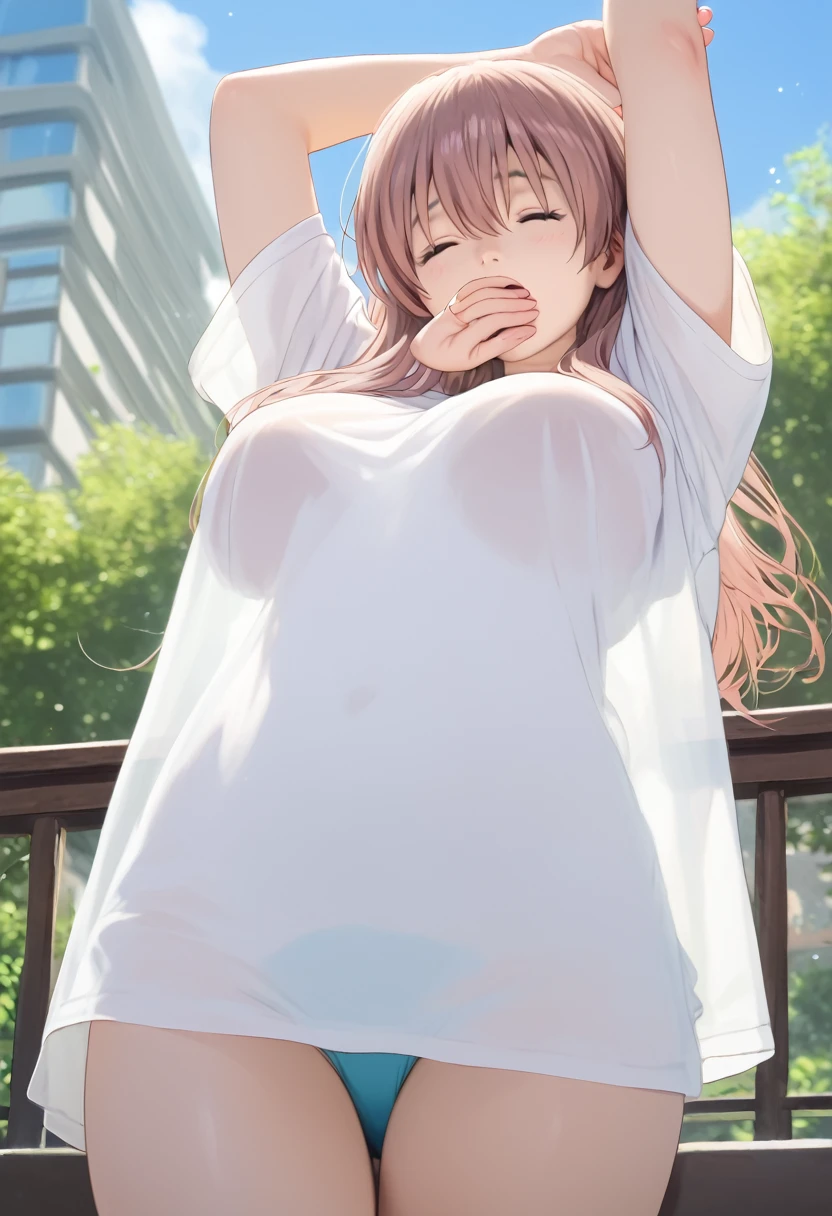 score_9,score_8_up,score_7_up,masterpiece,best quality, source anime, photorealistic, hyperrealistic, 8k,photo,raw,super detailed, extreme detailed, rating_explicit,
1girl, standing, (arms up, Stretching), Yawning, covering mouth, cowboy shot, from below,
BREAK girl, shouko nishimiya, 18yo, long hair, pink brown hair, bangs between eyes, brown eyes, (large breasts:0.9),
shiny hair, beautiful detailed eyes, beautiful face,
white long shirt, see through, oversized clothes, (zettai ryouiki:1.4), bare thighs,
sleepy, (closed eyes:1.2), wide open mouth,
outdoors, Apartment balcony, morning, sunlight,