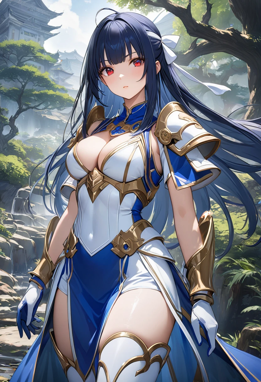 Highest quality、unity 8k wallpaper、32k、masterpiece、Very detailed、Ultra-high resolution、Very detailedな顔, RAW Photos, Professional, Ultra-fine painting, Blue long straight hair、Red Eyes、(Tree Eyes), Cool and sharp features, Hime cut, 20~A female magical warrior, about 24 years old.、Blue and white leotard、Blue and white gold-embellished pencil skirt with side armor and long slits、Half puff sleeves with shoulder pads、A large white ribbon with a large sapphire on the chest、White and blue long gloves、White and blue thigh-high stiletto boots、whole body