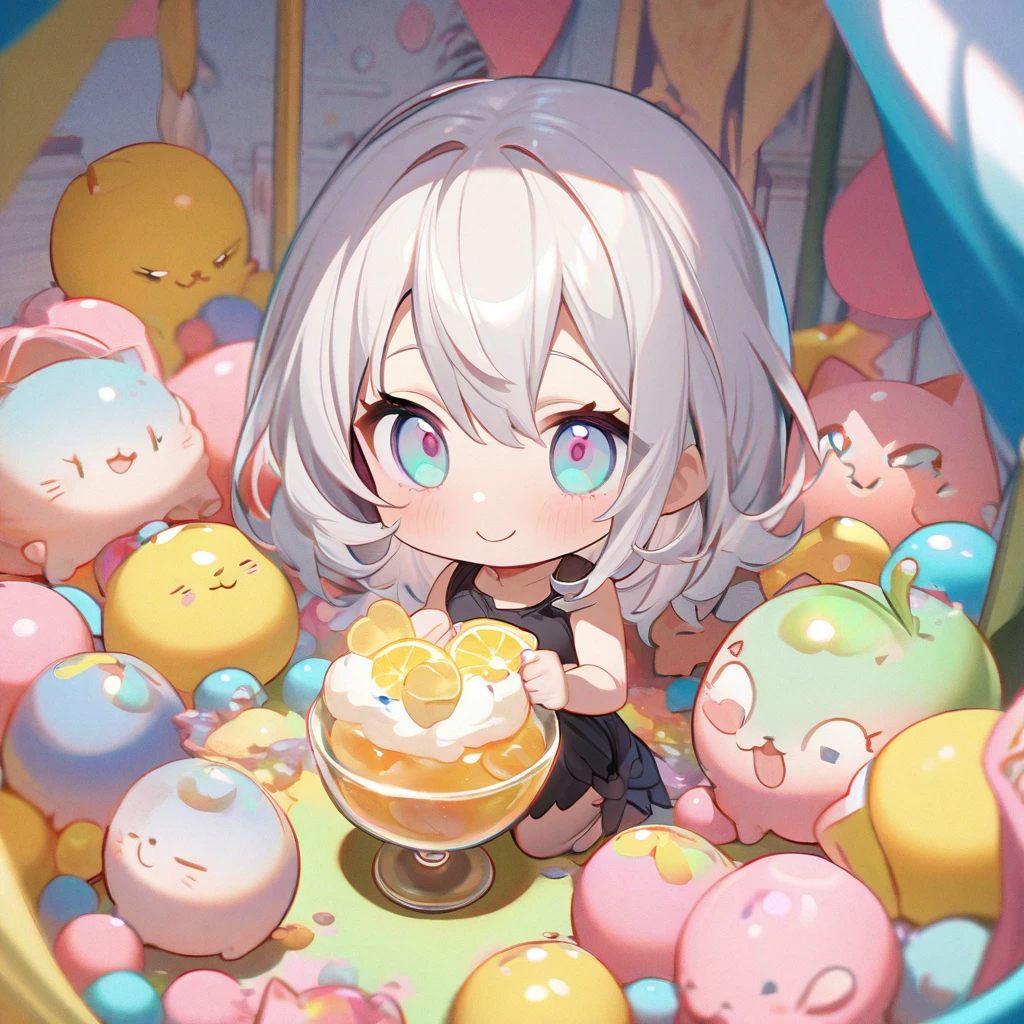 masterpiece、Highest quality、Depth of subject、2D illustration、1 beautiful girl、独奏, (((chibi style)))、Long, beautiful hair、Shiny silver hair、cute、Beautifully detailed eyes、((Tank top))、a glass of lemon soda, ((colorful))、mini skirt、((happy smile))、((kitten cluster)), ((close up shot))、((in the room))、((There's a lot of pink around))、Thighs、((vivid color))、sparkle、((Lens flare))、
