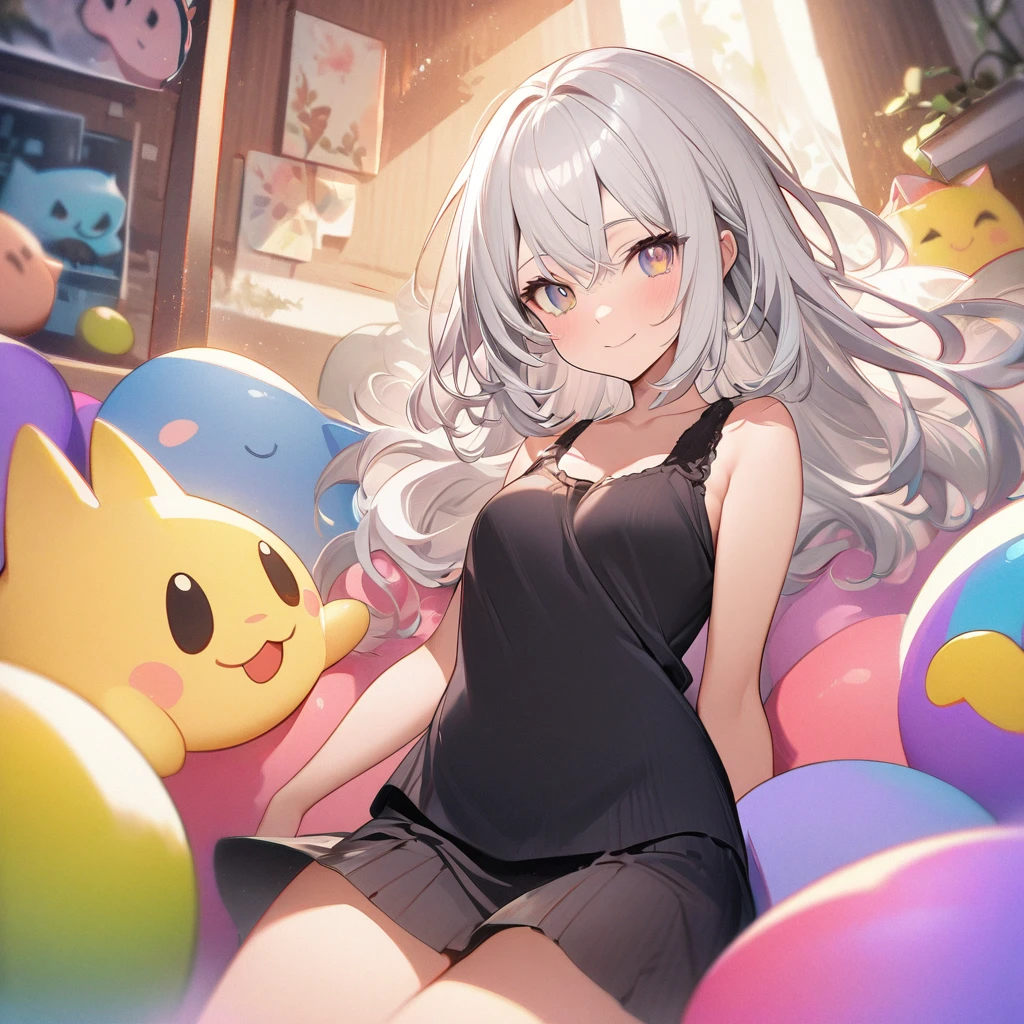 masterpiece、Highest quality、Depth of subject、2D illustration、1 beautiful girl、独奏, (((chibi style)))、Long, beautiful hair、Shiny silver hair、cute、Beautifully detailed eyes、((Tank top))、a glass of lemon soda, ((colorful))、mini skirt、((happy smile))、((kitten cluster)), ((close up shot))、((in the room))、((There's a lot of pink around))、Thighs、((vivid color))、sparkle、((Lens flare))、
