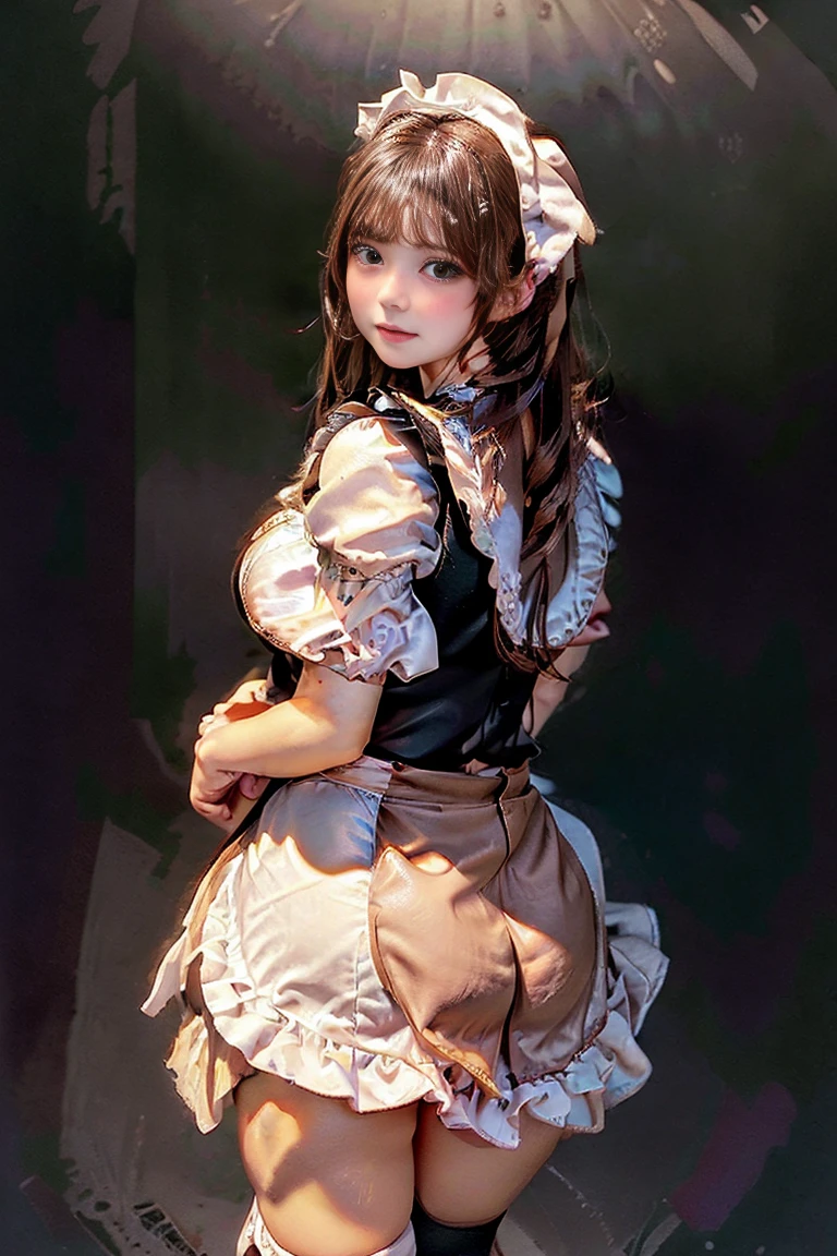 Highest quality, Super detailed, High resolution, 8K images),(Very beautiful girl:1.3)(One Girl), Brown Hair, Great face and eyes, Pink Eyes, Captivating smile, (Frilled maid cafe costume, Pleated mini skirt:1.5), (Wide open maid cafe costume:1.2), Exposed breasts, (Amazingly beautiful girl), Brown Hair, Fashionable hair ornaments,((Show me your)), ((Stick your butt out)),(Squat with legs apart), Fine and beautiful eyes,Perfect Proportions,(Overflowing big),(A full-body shot from behind), Very beautiful and cute girl,22 no, Pitch black background,(Solid black background),alone,
