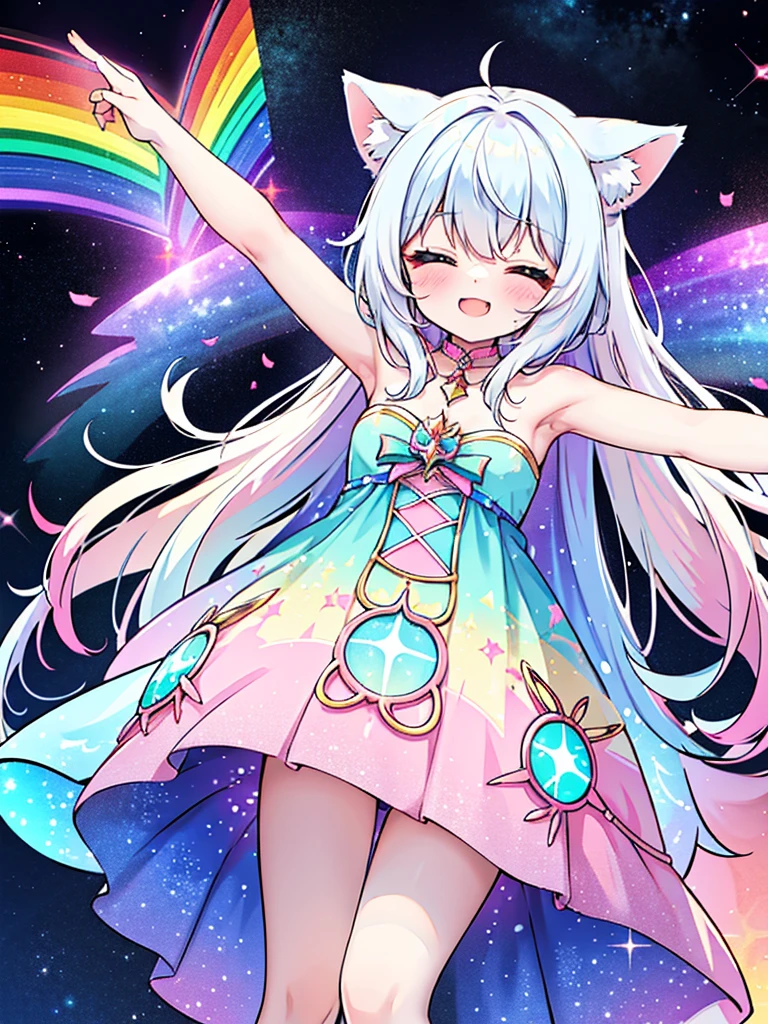 Anime style,****shota,wolf ears tail,rainbow 7colors gradation stars glitter shining glowing prism Aurora Borealis Glimmering dress,Flying into the sky, shining like a goddess, she is truly divine,Spread arms horizontally,laugh,