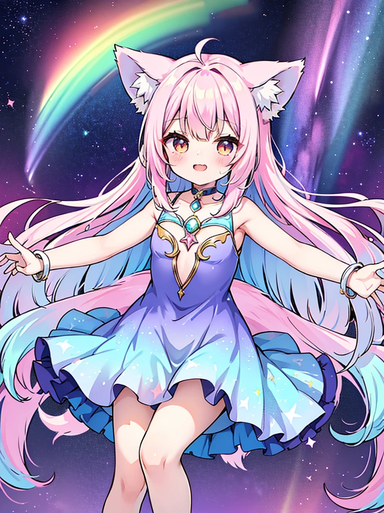 Anime style,****shota,wolf ears tail,rainbow 7colors gradation stars glitter shining glowing prism Aurora Borealis Glimmering dress,Flying into the sky, shining like a goddess, she is truly divine,Spread arms horizontally,laugh,