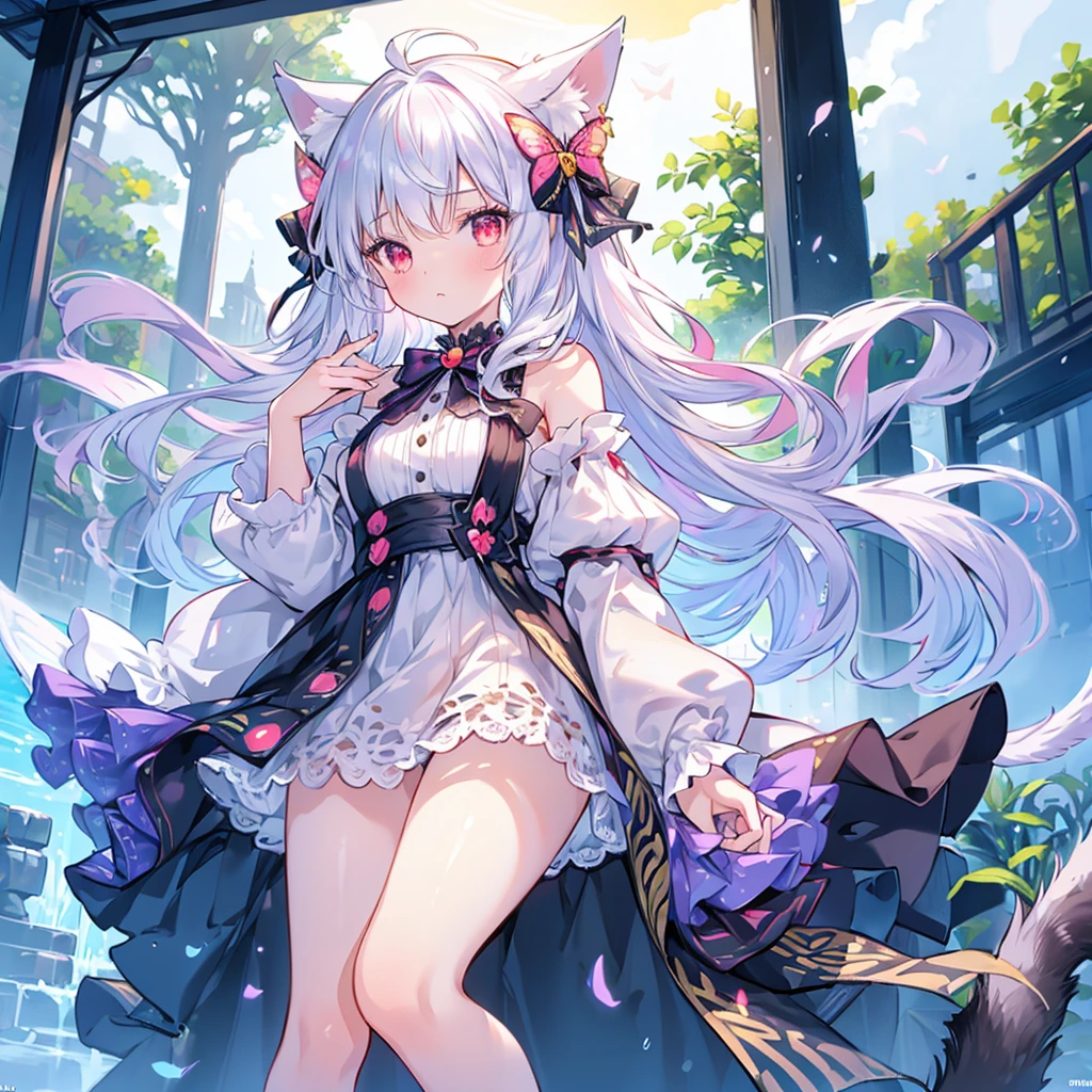 1 girl, masterpiece, best quality, Amazing, beautiful detailed eyes, finely detailed, depth of field, extremely detailed CG unity 8k wallpaper, full body, white hair, cat girl, loli, ghotic dress, red ribbon, (animal ears, cat ears, cat tail), village, red eyes, long hair, very long hair, (ultra-detailed),(detailed light), hair ornament.
Butterfly